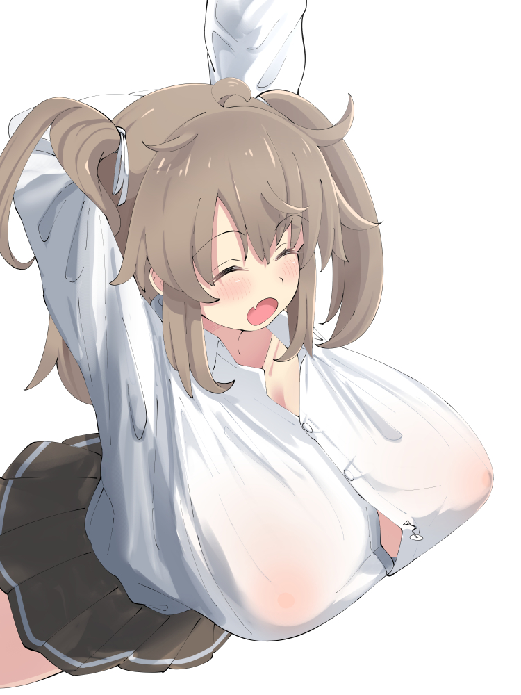 1girls arm_behind_head arms_up bangs big_breasts black_skirt blush breasts brown_hair button_gap button_pop buttoned_shirt closed_eyes covered_erect_nipples covered_nipples fang hair_ribbon huge_breasts light_brown_hair long_hair marvelous miniskirt minori_(senran_kagura) monochrome nagashima_(nagatol) nagashima_l nipples no_bra oerba_yun_fang open_mouth pleated_skirt school_uniform see-through see-through_shirt senran_kagura senran_kagura_(series) senran_kagura_shinovi_versus shirt shortstack simple_background skin_fang skirt solo stretching twintails white_background white_shirt yawning