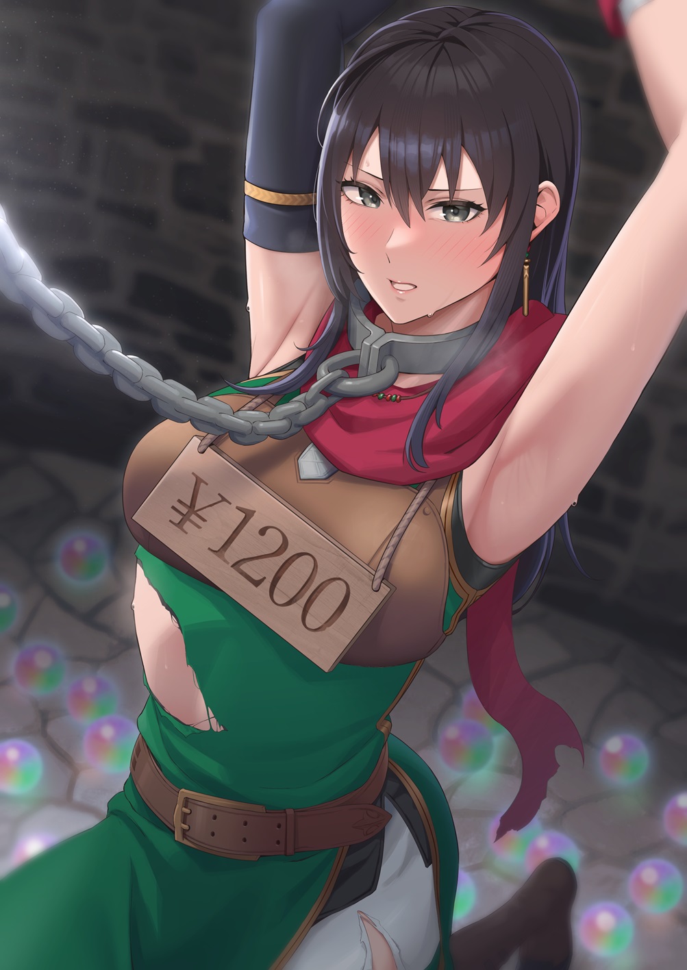 1girls armpits arms_up auction black_hair bondage bound captured chain_leash collar female female_only femsub fire_emblem fire_emblem:_thracia_776 fire_emblem_heroes furo_atsushi grey_eyes mareeta_(fire_emblem) medium_breasts nintendo orb price_tag restrained slave solo