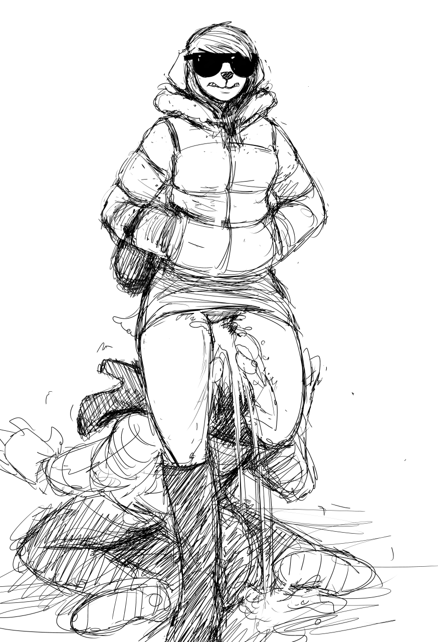 anthro black_and_white canine clothing coat domination eyewear female femdom frown golden_shower hair hladilnik kneeling leg_lock male mammal monochrome original_characters peeing pussy sketch skirt sunglasses urination urine urine_in_mouth watersports wolf