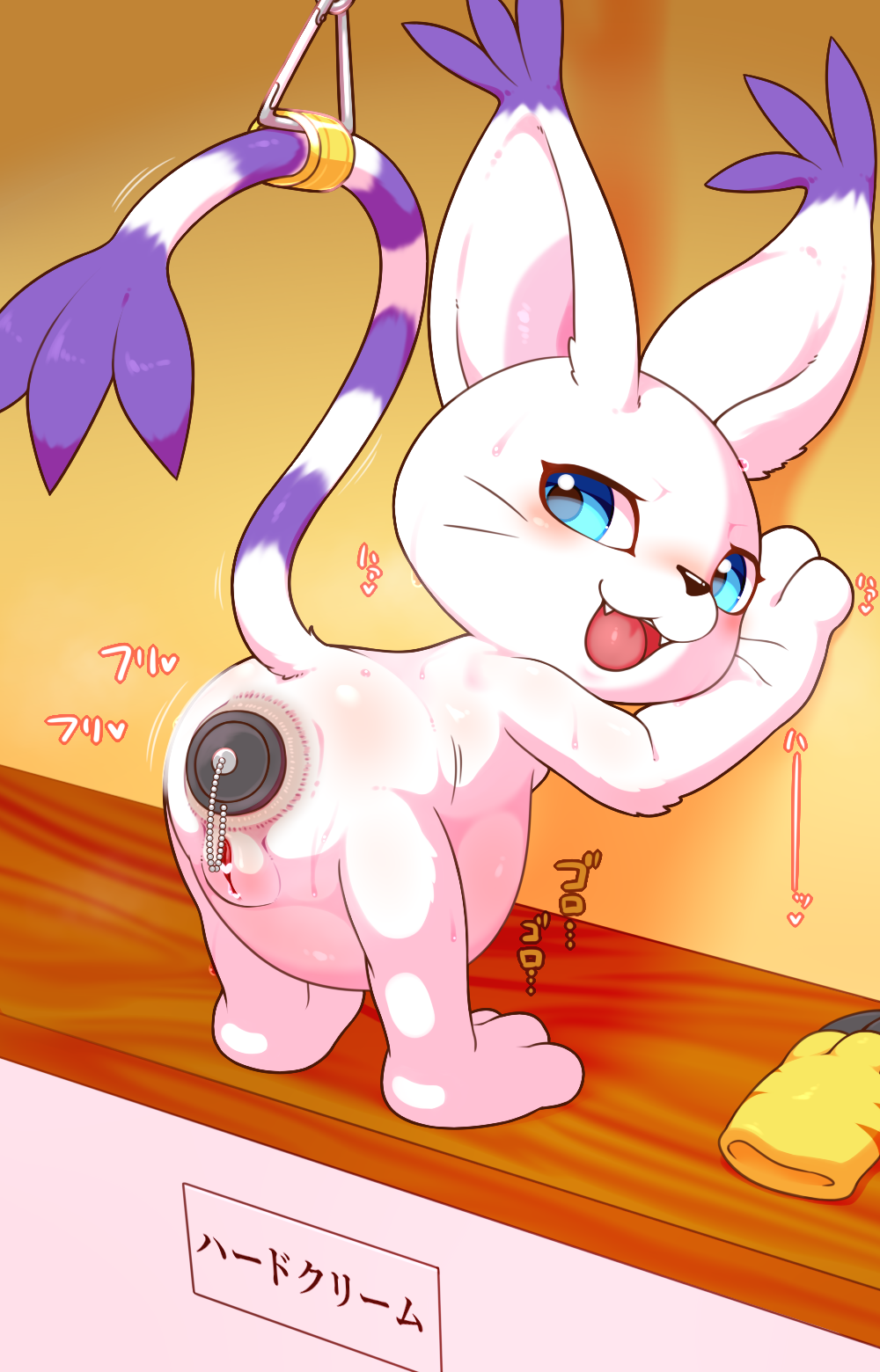 1girls alacarte anal anal_sex anus arm_tuft bandai_namco big_belly blue_eyes blush bodily_fluids bulge buttplug buttplug_in_ass buttplug_insertion censored cute_fangs digimon digimon_(species) dipstick_tail elbow_tuft female female_only fur gatomon genitals heart_censor heart_symbol hi_res japanese_text looking_at_viewer looking_back looking_back_at_viewer markings object_in_ass open_mouth penetration plug_(sex_toy) plug_insertion plump_labia purple_body purple_fur purple_tail_tip pussy sex_toy sex_toy_in_ass sex_toy_insertion solo sweat tail tail_markings tail_tuft text tongue tuft white_body white_fur