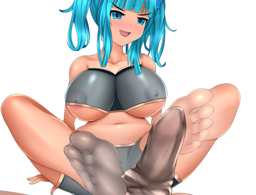 aqua_eyes aqua_hair areola_slip barefoot big_breasts blush breasts clothed_female domination erect_nipples feet female femdom footjob footjob_over_clothes footjob_with_legwear large_breasts long_hair looking_at_viewer open_mouth pov sheer_legwear single_sock sock_on_penis sockjob socks socks_removed soles toes transparent_background twintails underboob