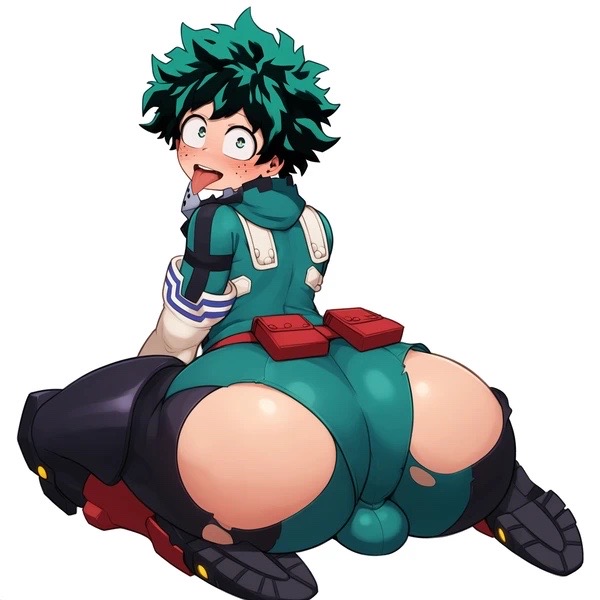 ai_generated big_ass blush deku femboy izuku_midoriya looking_at_viewer my_hero_academia ripped_clothing ripped_pants smesh_(artist) sticking_out_tongue