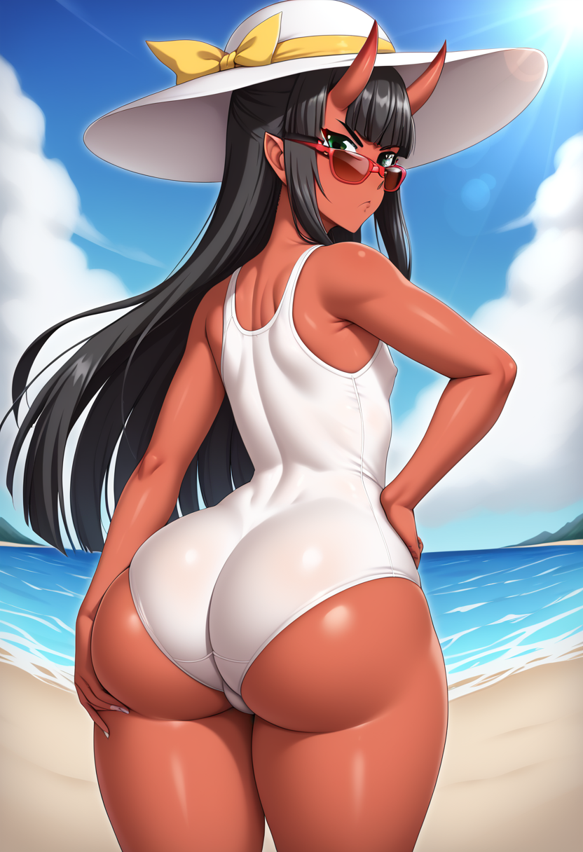 1girls ai_generated annoyed black_hair cameltoe covered_nipples demon flat_chest green_eyes hand_on_hip hime_cut horns huge_ass long_hair looking_over_eyewear looking_over_glasses looking_over_sunglasses one-piece_swimsuit oni_horns original red_skin self_upload skindentation sun_hat sunglasses swimsuit thick_thighs tinted_eyewear white_one-piece_swimsuit white_swimsuit wide_hips yoshi_tama_(style)