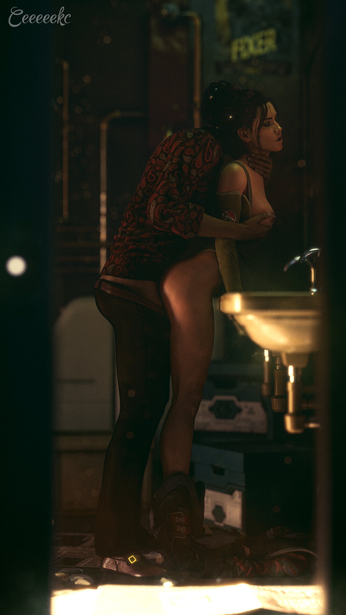 1boy 1girls 3d areola areolae ass ass_focus big_breasts breasts ceeeeekc cyberpunk_2077 dark-skinned_female dark_skin female female_focus female_only from_behind from_behind_position grabbing grabbing_breasts male nude nude_female panam_palmer sink