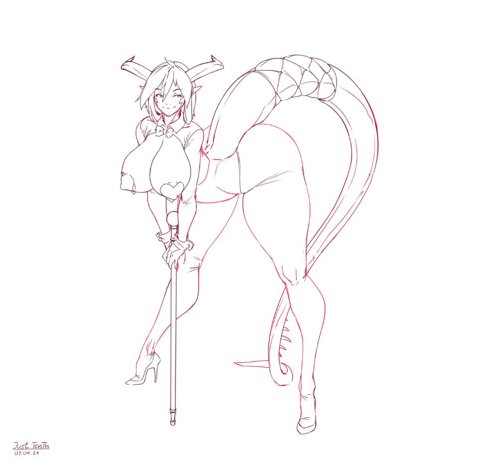 1girls bent_over big_breasts cane dragon_girl female horns monster_girl nipple_pasties randomtanstudio sketch tail