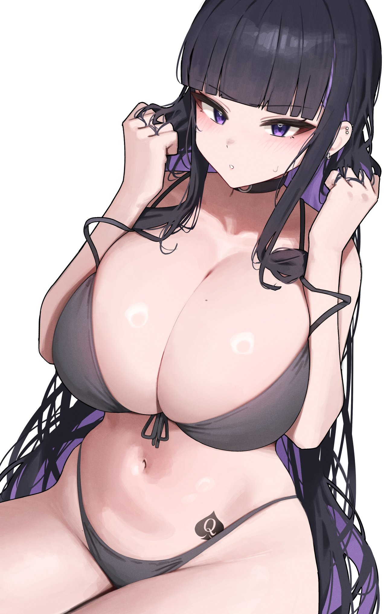 arms up, bikini, black bikini, black hair, blush, breasts, colored inner hair, female, huge breasts, looking at viewer, mole on breast, original, original character, purple eyes, purple hair, queen of spades, sitting, spade tattoo, sweatdrop, thick thighs, very long hair, wide hips