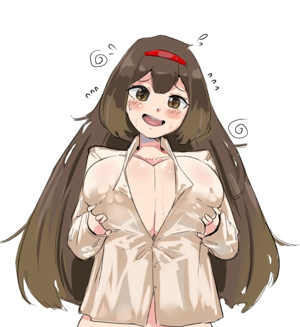 1girls artist_request blush breast_hold brown_eyes brown_hair cleavage dress_shirt female grabbing_own_breast hairband huge_breasts library_of_ruina long_hair malkuth_(lobotomy_corporation) no_bra open_mouth project_moon smile solo unknown_artist