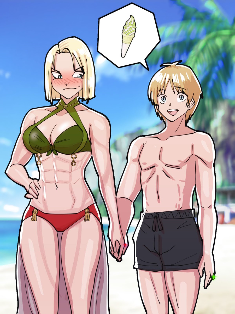 1boy 1girls abs alternate_costume amalda_(fire_emblem) angry beach bikini blonde_hair blush breasts cleavage embarrassed fire_emblem fire_emblem:_thracia_776 food green_bikini green_bikini_top green_swimsuit highres holding_hands ice_cream looking_to_the_side medium_breasts mnejing muscular muscular_female nintendo ocean outdoors red_bikini red_bikini_bottom red_swimsuit short_hair sleuf_(fire_emblem) swimsuit