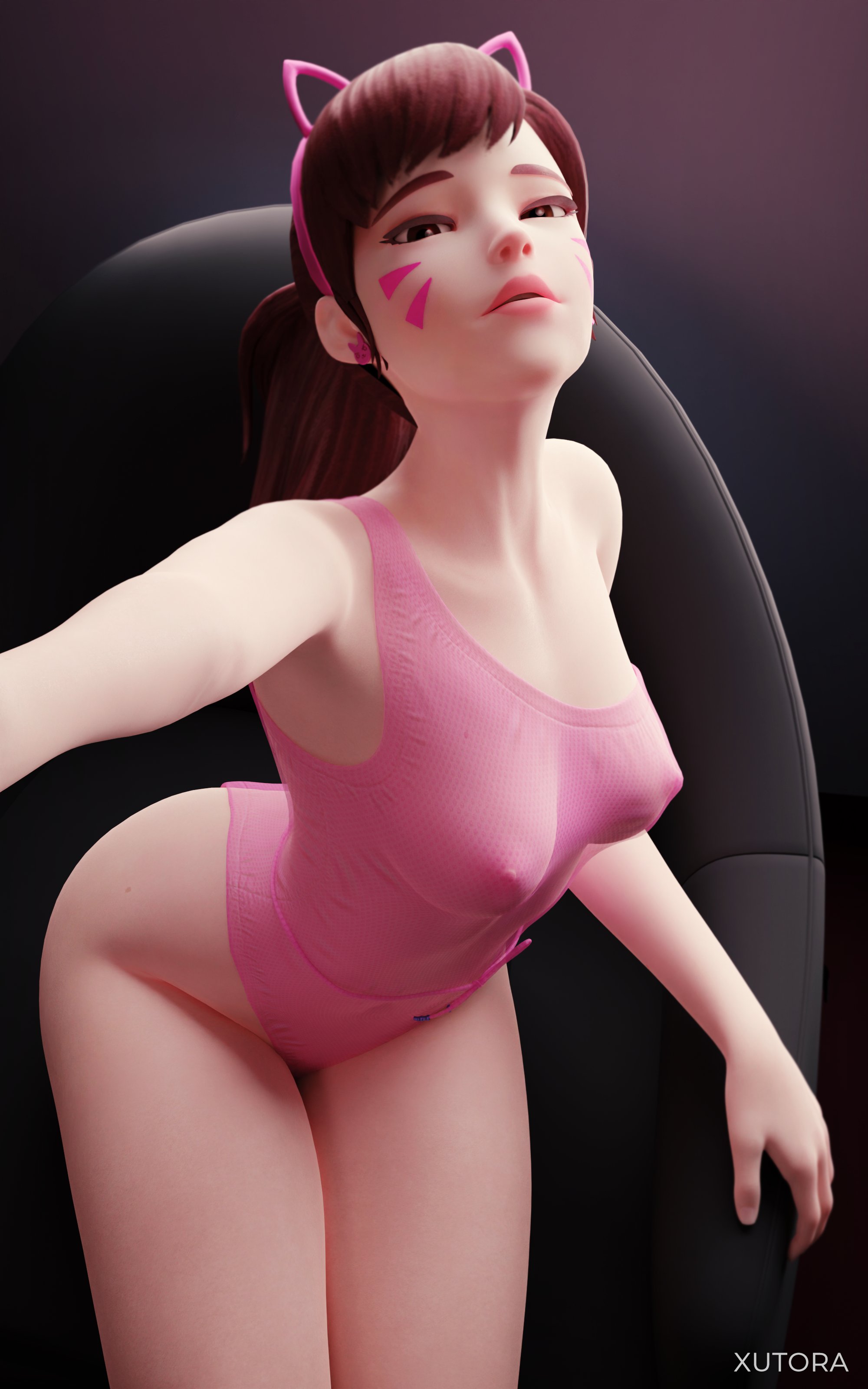 1girls, 3d, 5:8, artist name, bare arms, blizzard entertainment, breasts, brown eyes, brown hair, d.va, earrings, facial markings, fake animal ears, fake cat ears, feet out of frame, female, female only, furniture, hair ornament, hairband, hana song, highleg, highleg leotard, leotard, long hair, medium breasts, nipples visible through clothing, overwatch, pink leotard, solo, strap slip, tagme, xutora