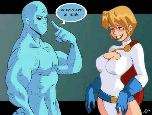 1boy bald bangs belt blonde_hair blue_gloves blue_skin blush breasts cape casual cleavage cleavage_cutout clothing clothing_cutout colored_skin crossover dc dc_comics doctor_manhattan english_text female gloves grin hand_on_hip hand_up highleg_leotard human kara_zor-l karen_starr large_breasts leotard looking_at_another male nudist open_mouth pale_skin power_girl rickcelis short_hair signature smile speech_bubble straight superhero superheroine superman_(series) tagme turtleneck upper_body watchmen white_leotard