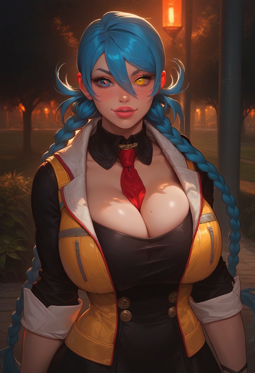 1girls ai:_the_somnium_files ai:_the_somnium_files_-_nirvana_initiative ai_generated blue_eyes blue_hair blush civitai cleavage hair_between_eyes heterochromia huge_breasts mamely32 mizuki_date necktie outdoors solo twin_braids upper_body yellow_eyes