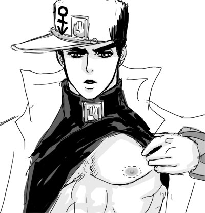 1boy bite bite_mark diamond_is_unbreakable dilf exposed_nipples jojo's_bizarre_adventure jotaro_kujo male male_nipples male_only muscular_male solo