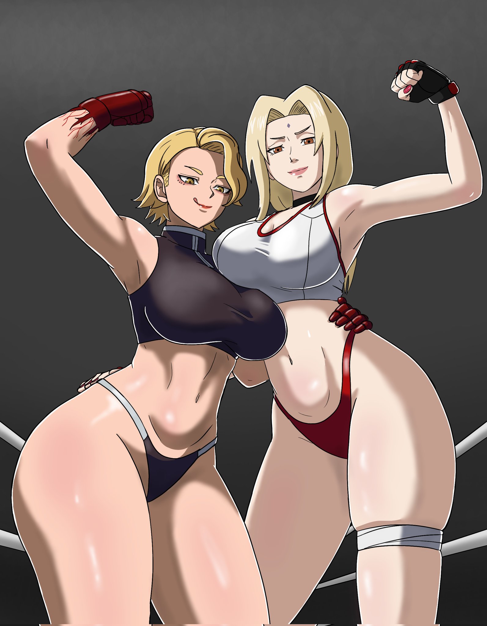 2girls, arm up, big breasts, black thong, blonde hair, bottomwear, breasts, brown eyes, cristicko3845, crossover, female, female only, forehead jewel, gloves, hair, hand on waist, hands on waist, handwear, hips, lips, mature, mature female, mature woman, milf, nail polish, nails, naruto, naruto (series), red nail polish, red nails, red thong, sazanami kuina, short hair, smile, thigh strap, thighs, thong, tongue, tongue out, topwear, tougen anki, tsunade, wrestling outfit, yellow eyes