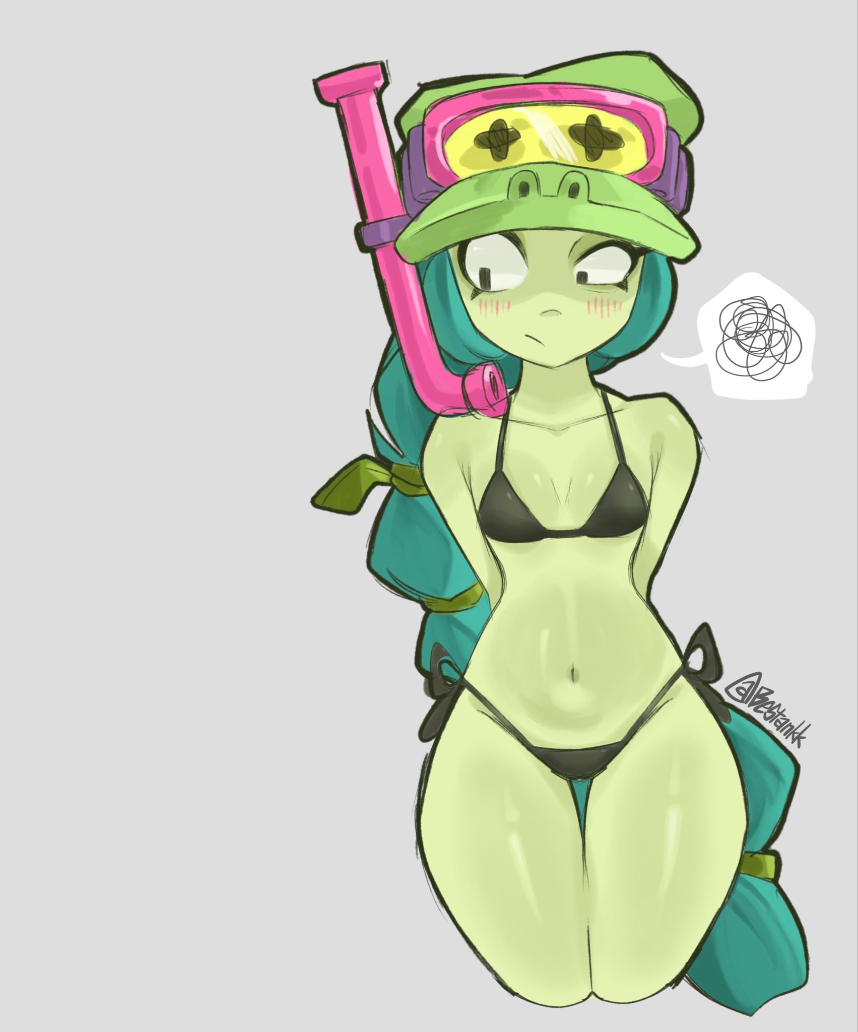 1girl, alli (brawl stars), annoyed expression, belly button, bestankk, bikini, black bikini, blush lines, braid, braided hair, brawl stars, breasts, collarbone, female, female only, front view, green hair, green skin, grey background, hands behind back, hat, headgear, long hair, looking away, navel, ouzzxz, shiny skin, shy, simple background, slim waist, small breasts, snorkel, speech bubble, thick thighs, tied hair, voluptuous, wide hips