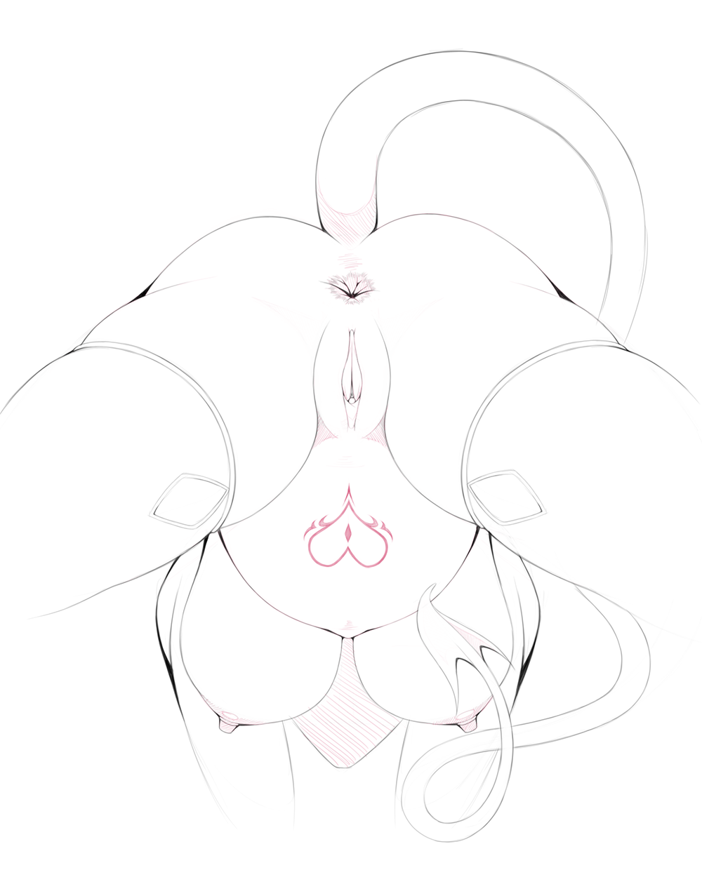 2017 anus ass breasts clitoris clothing demon female heart humanoid legwear monochrome navel nipples pregnant presenting presenting_hindquarters pussy rear_view simple_background sketch solo spade_tail stockings tattoo thigh_highs urw white_background