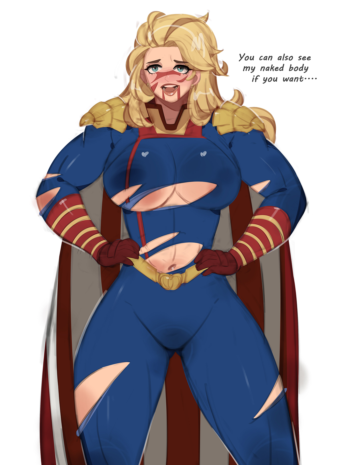 1girls, big breasts, blonde hair, blue eyes, breasts, cape, clothed female, clothing, color, dialogue, english text, female, female focus, female only, femlander, femsub, genderswap, genderswap (mtf), hands on hips, homelander, kyopink, light skin, long hair, offering, open eyes, open mouth, partially clothed, rule 63, simple background, standing, submissive female, text, the boys, thighs, twitter link, white background