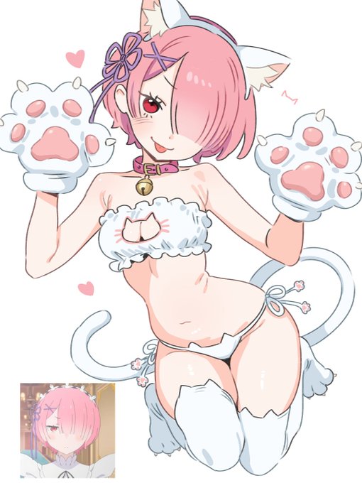 bob cut, boob window, cat ears, cat tail, flat chest, hair over one eye, jumping, lingerie, paws, petite, petite female, pink hair, ram (re:zero), re:zero kara hajimeru isekai seikatsu, short hair, skreamyy, small breasts, tongue out