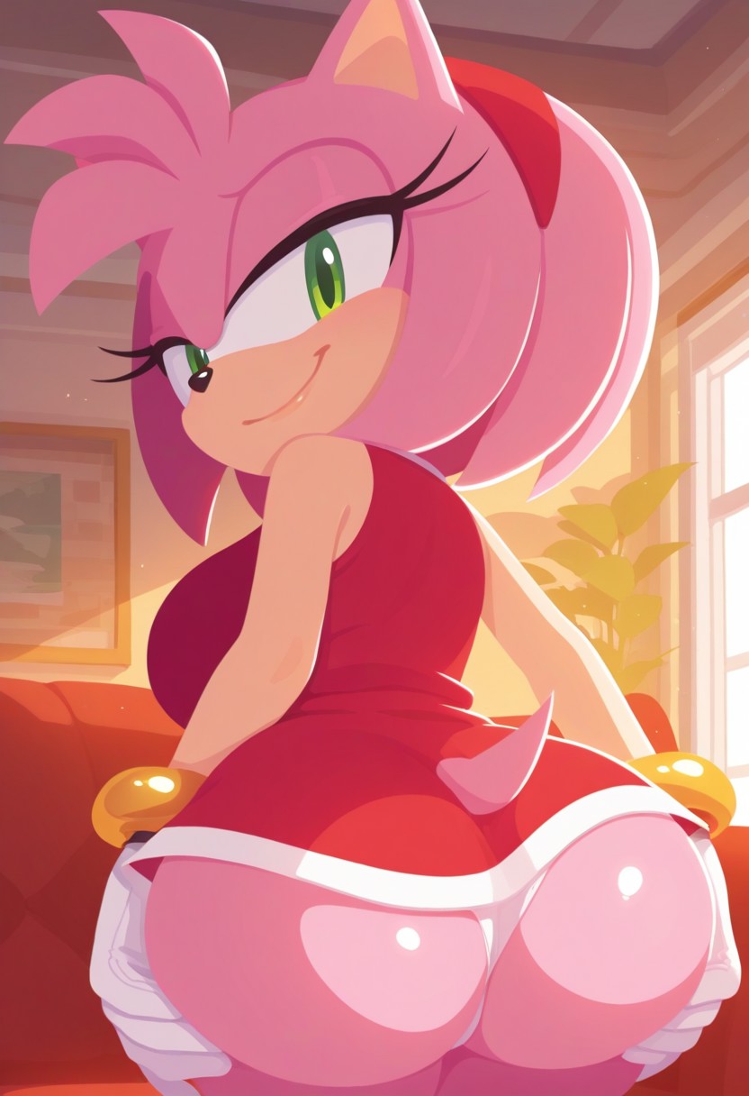 ai generated, amy rose, anthro, ass grab, dog husky ai, dress lift, mobian, mobian (species), naughty face, panties, presenting, presenting ass, presenting hindquarters, sonic (series), sonic the hedgehog (comics), sonic the hedgehog (series)
