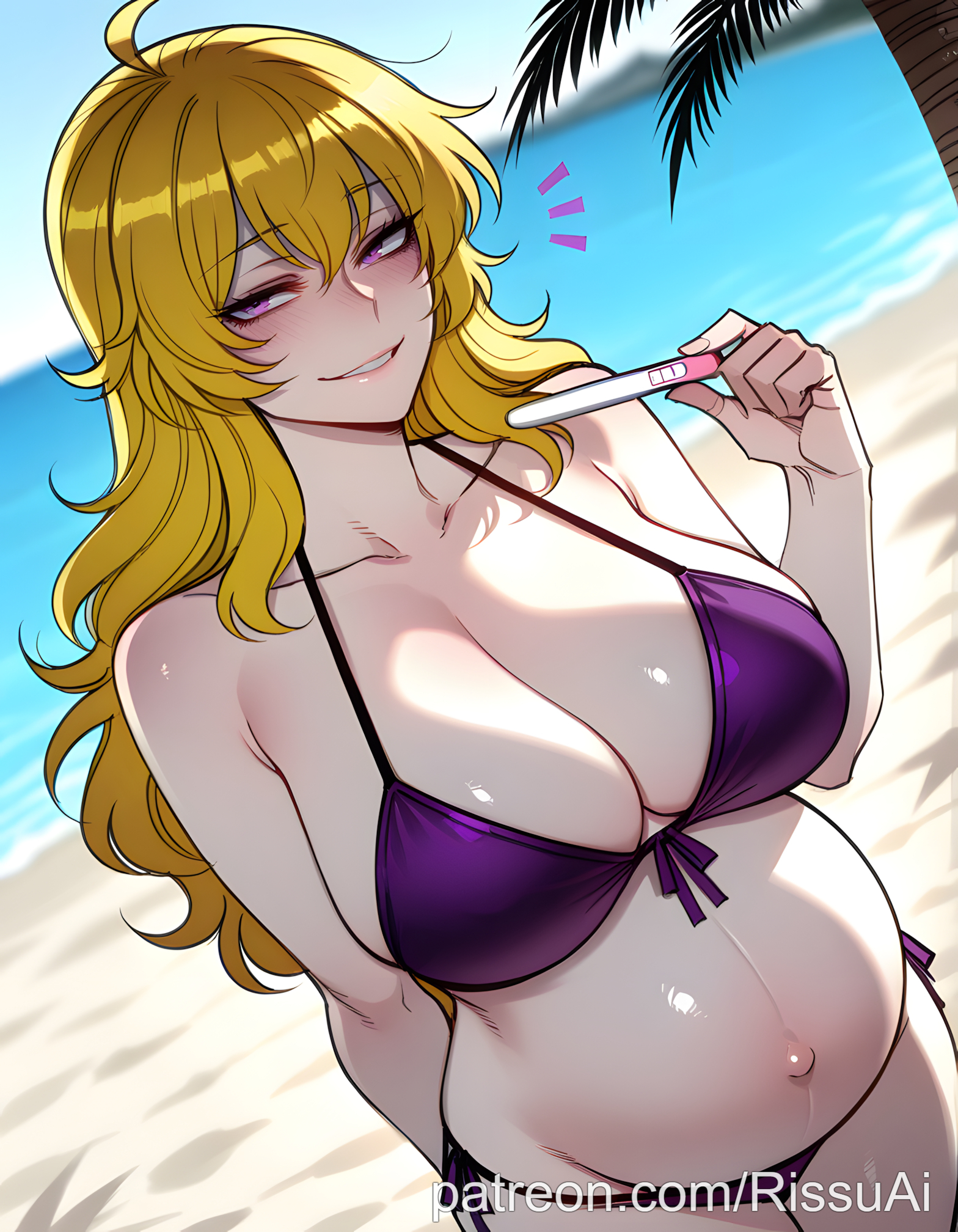 1female, 1girl, 1girls, 2026, absurdres, aesthetic, ahoge, ai generated, anime, anime style, arm behind back, artist name, bare shoulders, beach, beautiful, beautiful female, beautiful girl, big ass, big belly, big breasts, bikini, blonde hair, blue sky, blurred background, blurry, blurry background, blush, blush lines, blushing, blushing female, breasts, bubble ass, bubble butt, cleavage, collarbone, cowboy shot, curvy, curvy body, curvy female, curvy figure, curvy hips, curvy thighs, cute, cute face, day, digital art, digital painting, dutch angle, excited, excited expression, excited female, excited for sex, female, female only, front-tie top, grin, hair between eyes, half-closed eyes, hand on own stomach, hand up, hands on own stomach, high quality, highres, holding, horny, horny expression, horny face, horny female, huge breasts, large ass, large breasts, line art, long hair, looking at viewer, makeup, navel, notice lines, ocean, outdoors, palm tree, parted lips, patreon, patreon link, patreon logo, patreon username, popsicle stick, pregnancy test, pregnant, purple bikini, purple eyes, rissuai, rooster teeth, rwby, sand, sexy, sexy body, sexy female, sexy pose, shiny skin, shore, side-tie bikini bottom, sky, smile, soft shading, solo, solo focus, standing, stomach, swimsuit, teeth, thick, tree, viz media, water, wavy hair, web address, yang xiao long