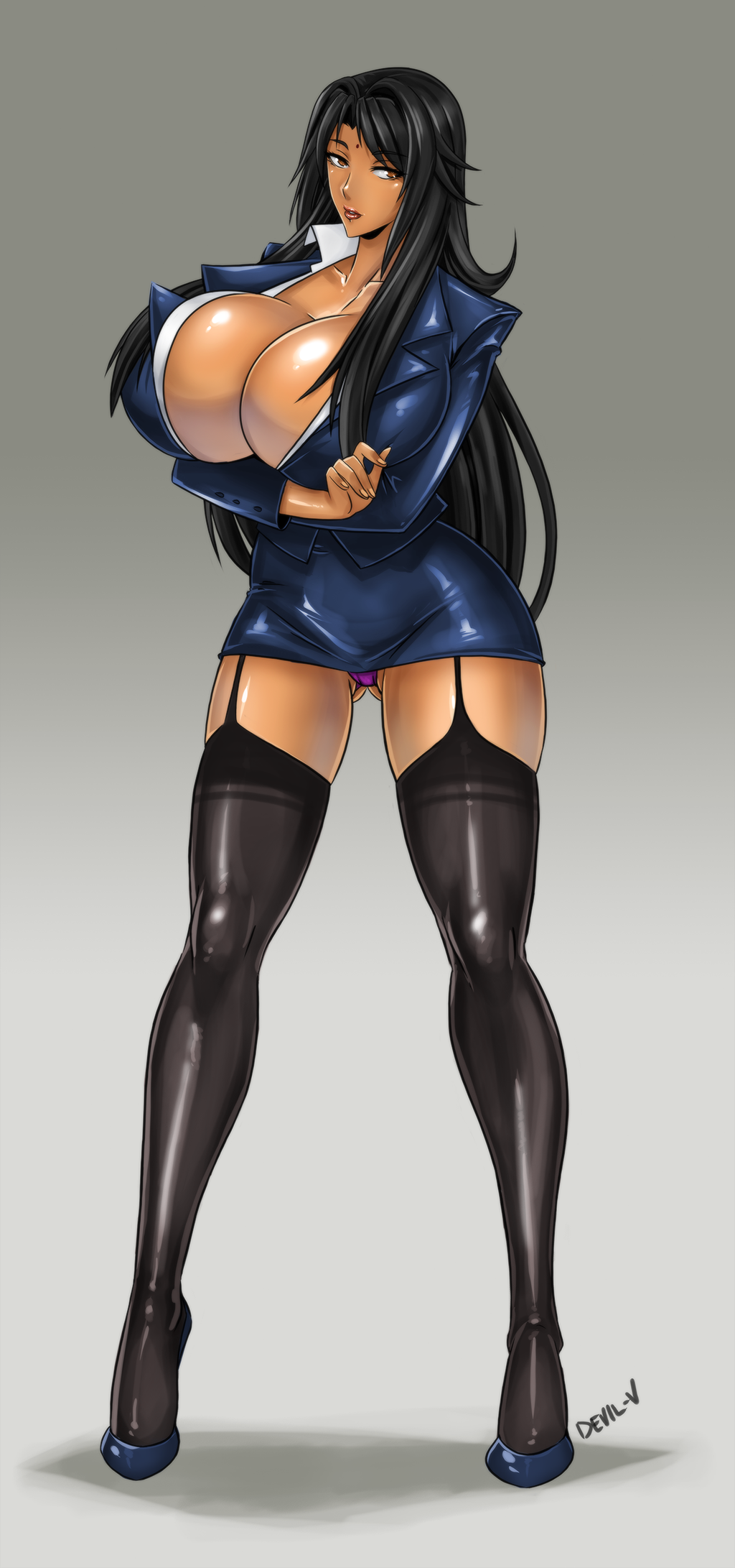 1girls absurdres amber_eyes artist_name big_breasts black_hair black_legwear breast_hold breasts brown_eyes bursting_breasts business_suit cleavage dark-skinned_female dark_skin devil-v dress female female_focus female_only formal full_body fully_clothed gigantic_breasts high_heels highres indian leggings long_hair long_legs looking_at_viewer makeup microdress microskirt minidress miniskirt natasha natasha_(devil-v) original panties pantyshot parted_lips revealing_clothes shiny_clothes skirt solo standing stockings suit thighhighs tight_clothing underwear