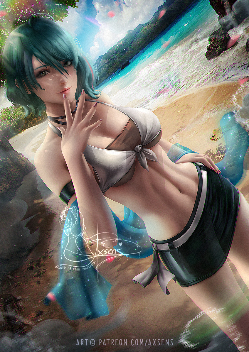 1girls, abs, aqua hair, asian, axsens, beach, black hair, breasts, cute, dead or alive, dead or alive xtreme venus vacation, egirl, eyeshadow, female, female only, green hair, grey eyes, grey hair, looking at viewer, medium breasts, medium hair, pale skin, slim, solo, tamaki (doa), wavy hair
