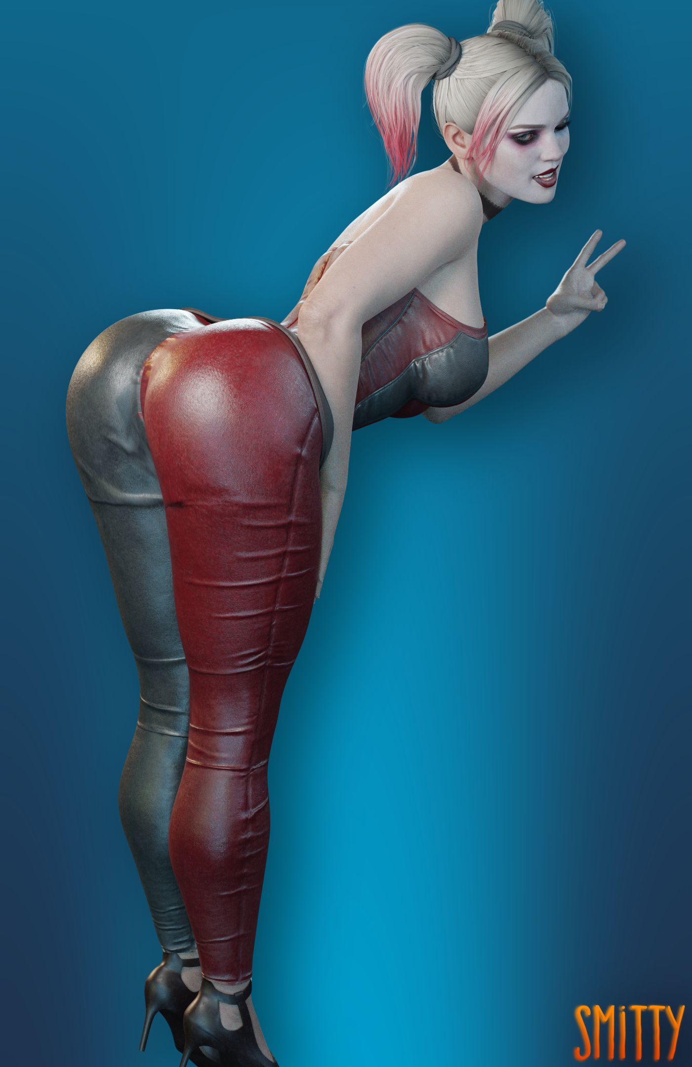 1girls, 3d, 3d (artwork), alternate version available, ass, batman (series), bending over, big ass, blender, blonde hair, dc, dc comics, female, female only, harley quinn, harley quinn (injustice), high heels, injustice 2, large ass, legs, light skin, light-skinned female, lipstick, makeup, pale skin, pale-skinned female, peace sign, skin tight, smitty34, solo, solo female, spandex, tagme, thick thighs, thighs, twintails