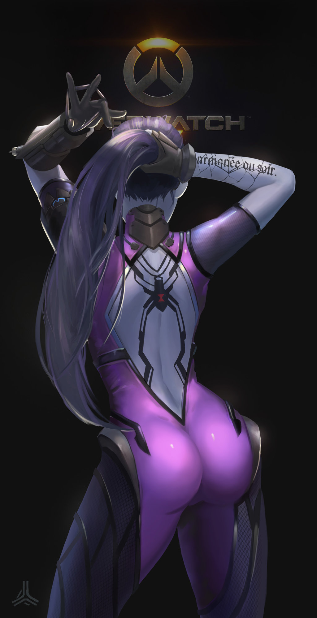 adjusting hair, artist request, ass, black background, blue hair, blue skin, bodysuit, female, from behind, gloves, overwatch, skintight, solo, standing, tattoo, widowmaker