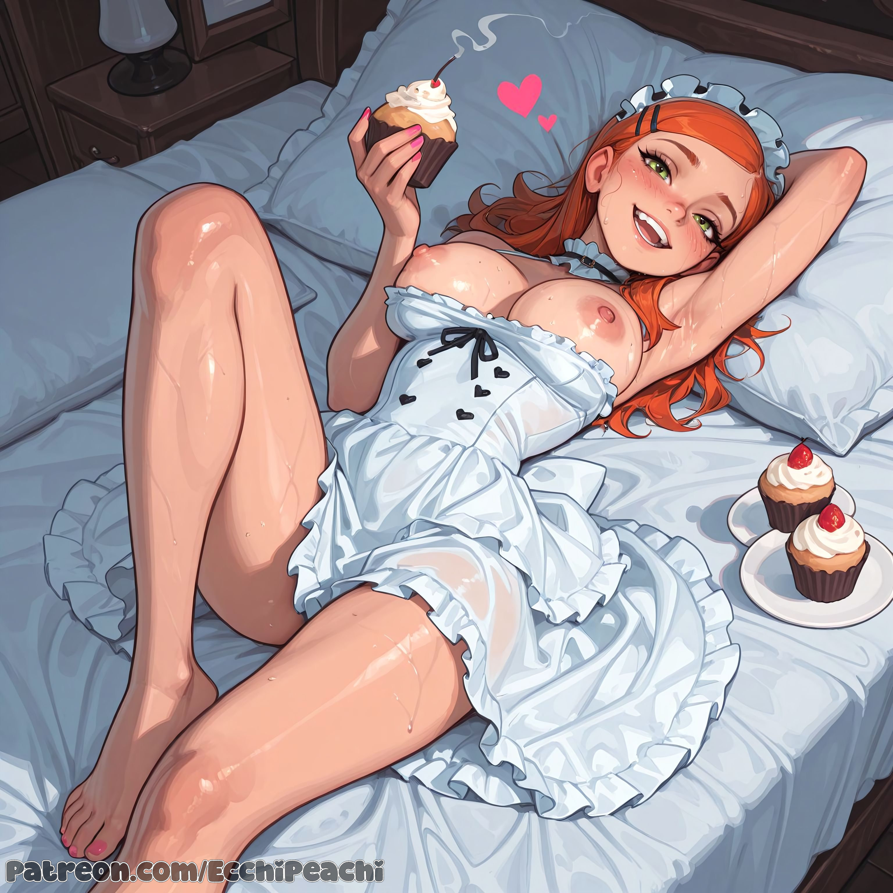 , 1girl, 1girls, ai generated, blush, boobs, breasts, breasts out, cupcake, dress, dress lift, eating, ecchipeachi, female, female focus, female only, focus, food, food play, ginger, ginger hair, gwen tennyson, large breasts, nipple bulge, nipple slip, nipples, nipples outside, pussy, sexy, sexy female, smile, solo, solo female, solo focus, sweat, sweet, uncensored