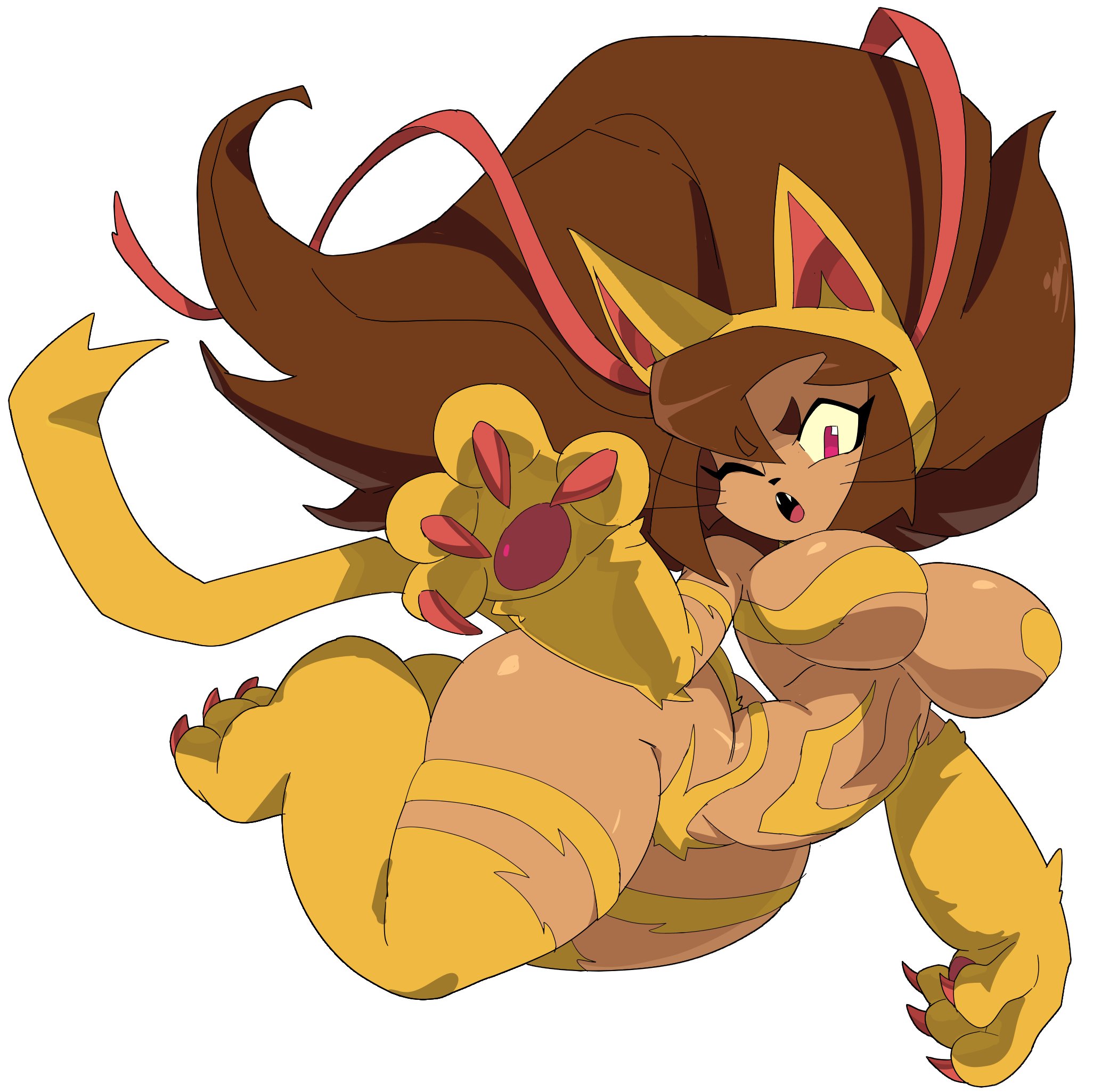 :o, 1girls, anthro, big breasts, breasts, brown hair, capcom, cat ears, cat tail, claws, cosplay, crossover, cyberlord1109, darkstalkers, fangs, felicia (darkstalkers) (cosplay), felid, feline, female, female only, furry, gameoverse, glitch productions, glitchlord8391, huge breasts, kit (gameoverse), kit bodega, large breasts, long hair, looking at viewer, one eye closed, open mouth, pink eyes, solo, tail, thick thighs, thighs bigger than head, very long hair, whiskers