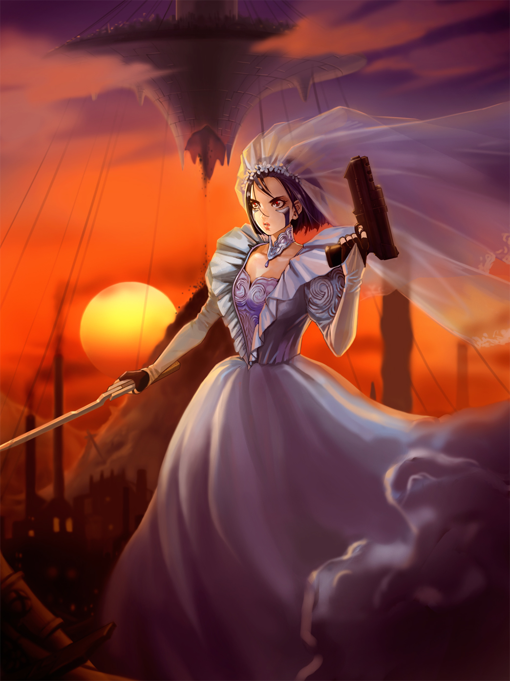 1girls 2015 alita alternate_costume battle_angel_alita black_hair breasts bridal_gauntlets bridal_veil choker cyborg facial_mark female female_only fully_clothed gun light-skinned_female light_skin parted_lips red_eyes short_hair solo sword tomboy weapon wedding_dress why_(whyminky)