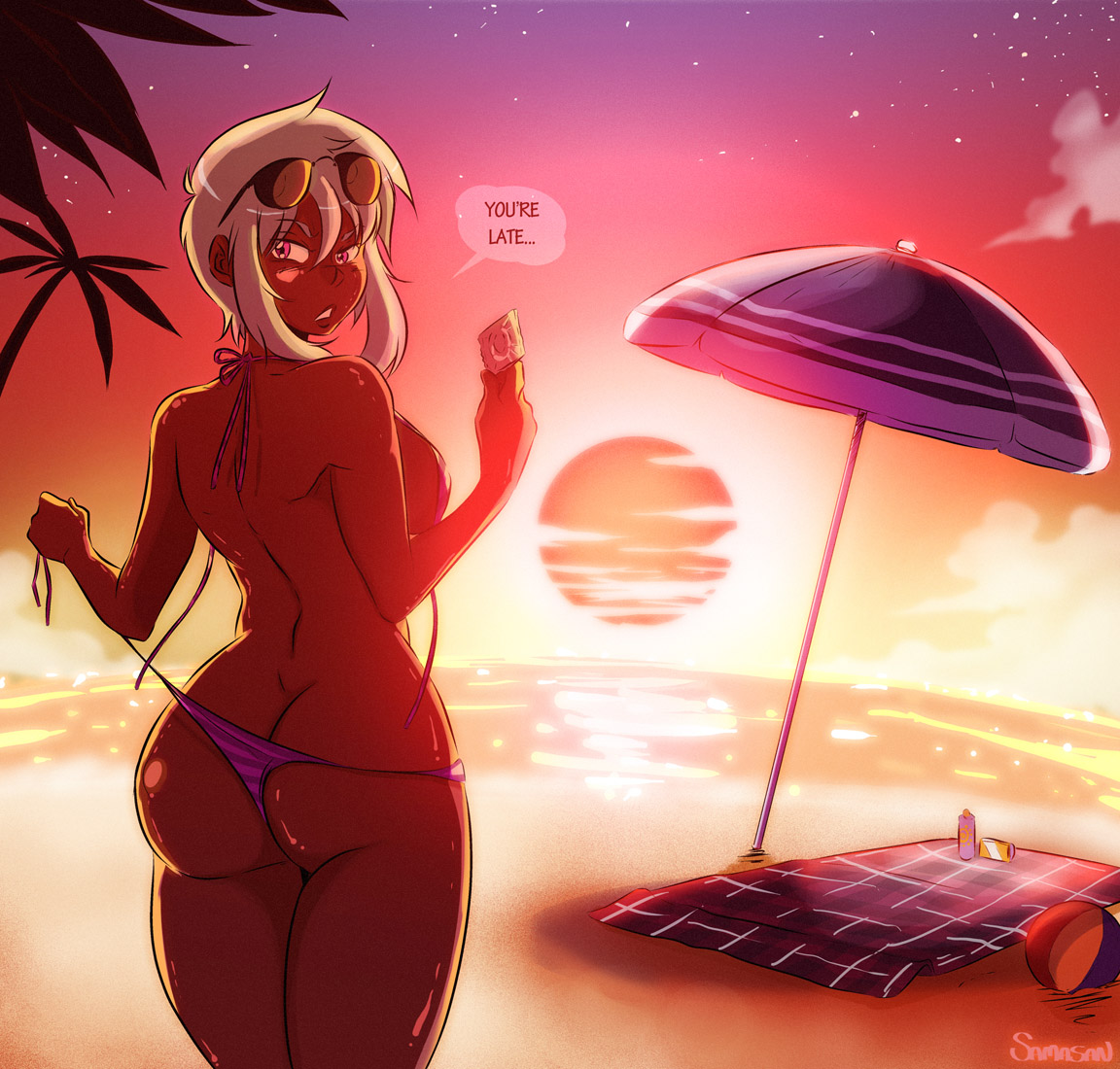 ass, bikini, breasts, cleavage, dark skin, dark-skinned female, female, female only, looking at viewer, looking back, samasan, solo, speech bubble, text