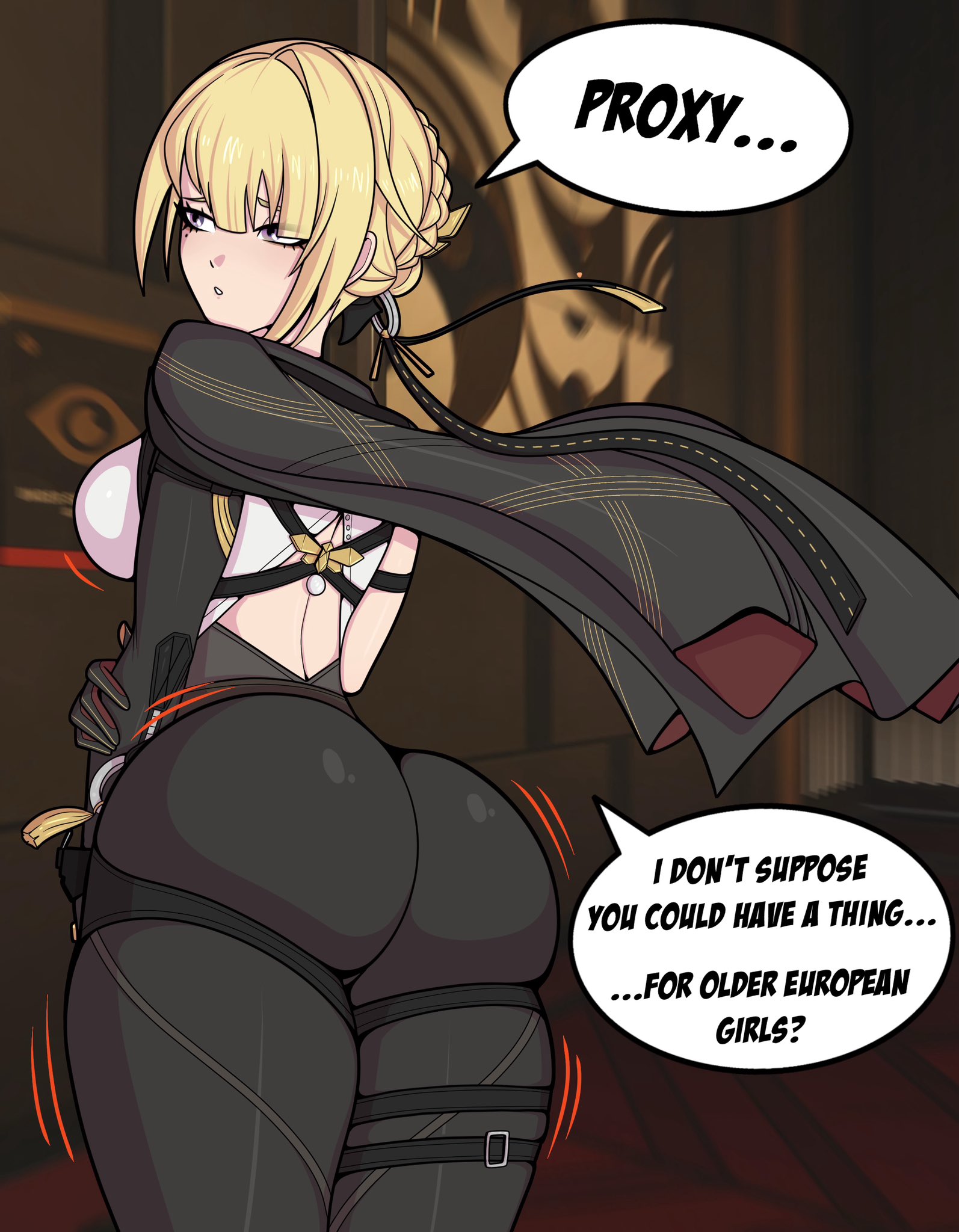 asking, ass, big ass, big breasts, bouncing breasts, breasts, bubble butt, clothing, english text, evelyn chevalier, fit female, hoyoverse, jiggle, jiggling ass, looking at viewer, male pov, mihoyo, pov, showing ass, talking to viewer, text, thick, thick thighs, tight clothing, wise (zenless zone zero), zankasen, zenless zone zero