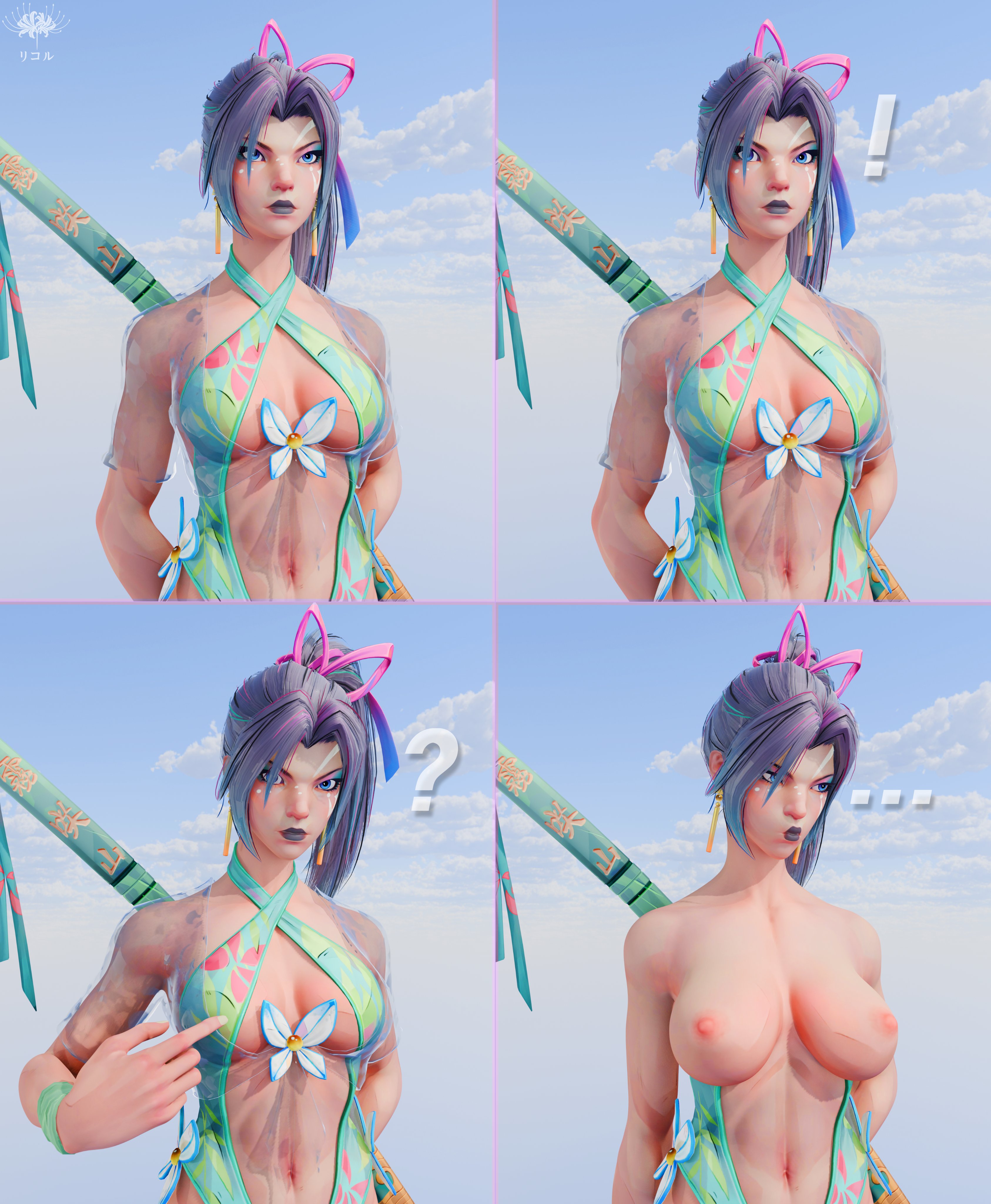 !, ?, ..., 1girls, 3d, 4koma, breasts, embarrassed nude female, exposed breasts, female, female only, lycorsins, marvel, marvel rivals, nipples, psylocke, psylocke (sai) (breezy butterfly), reluctant, solo, solo female, topless, topless female, x-men