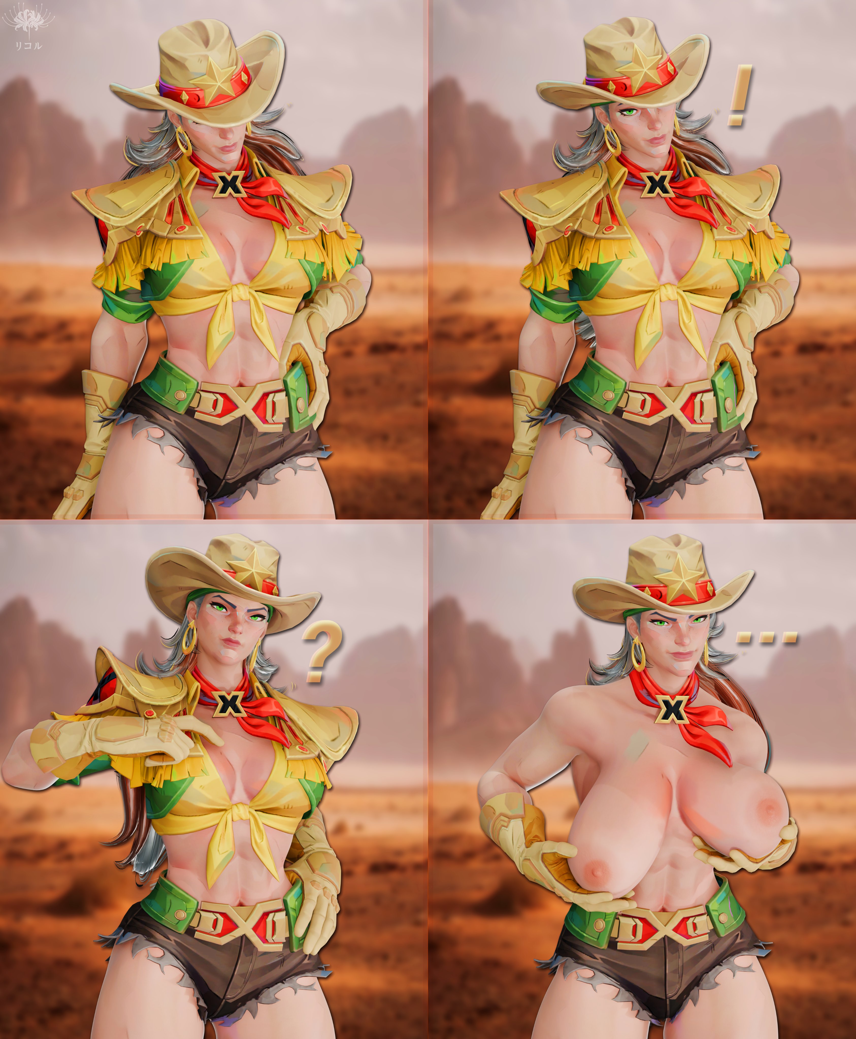 !, ?, ..., 1girls, 3d, 4koma, big breasts, big naturals, bigger than you thought, breasts, breasts out, exposed breasts, female, female only, floppy breasts, holding breast, lycorsins, marvel, marvel rivals, natural breasts, rogue (marvel rivals), rogue (starlit rebel), rogue (x-men), sagging breasts, solo, solo female, x-men