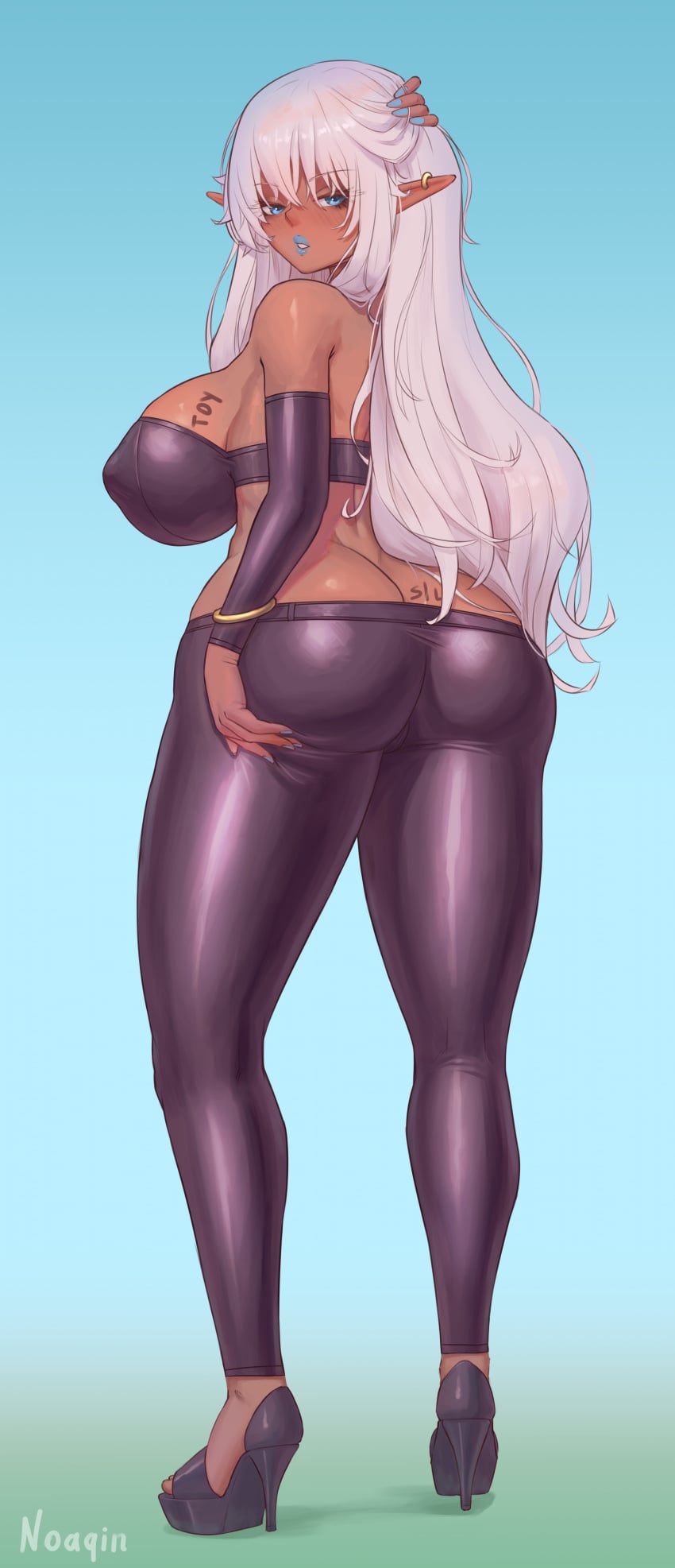 big ass, big breasts, big butt, big thighs, blonde hair, blue eyes, blue lipstick, blue makeup, blue nail polish, blush, blushing at viewer, body writing, bra, breasts, bubble ass, bubble butt, commission, curvaceous, curvy female, curvy figure, dark elf, dark-skinned female, drunk, elf, elf ears, elf female, female, grabbing own ass, high heels, imminent sex, latex, latex leggings, leather, leather leggings, leggings, lipstick, looking at back, looking at viewer, makeup, nail polish, noaqin, oblivion, oc, original, prostitute, prostitution, pulling down pants, sideboob, skyrim, spreading ass, suggestive look, suggestive pose, the elder scrolls, thick ass, thick butt, thick hips, thick legs, thick thighs, tubetop, warcraft, white hair, wide hips, world of warcraft, yumi dark elf