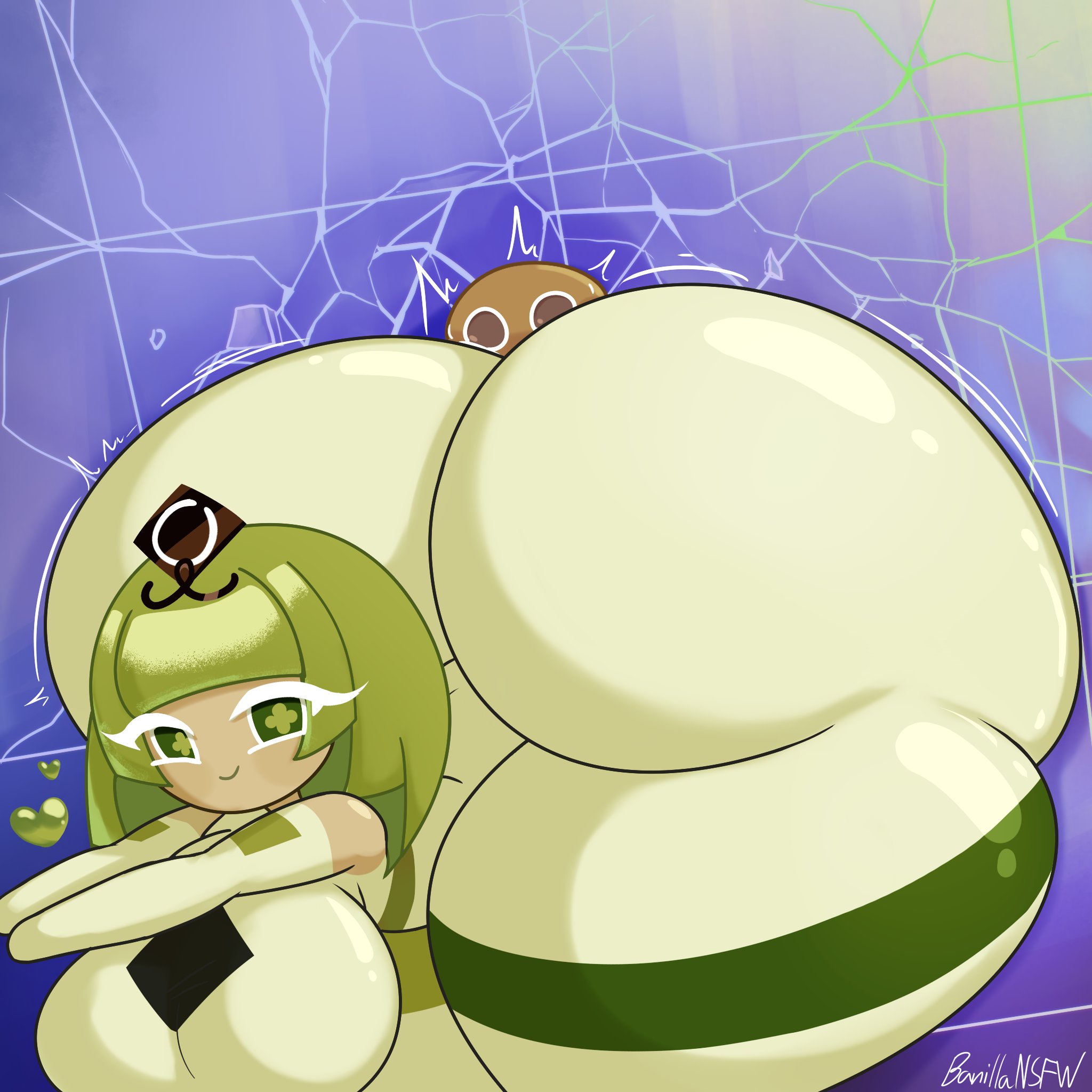1girls, 1other, alternate version available, artist name, artist signature, ass, ass bigger than head, banillansfw, bodysuit, breasts, clothed, cookie run, cookie run kingdom, crushed by ass, green tea mousse cookie, hair ornament, hearts around head, hyper ass, large breasts, looking at another, looking back, motion lines