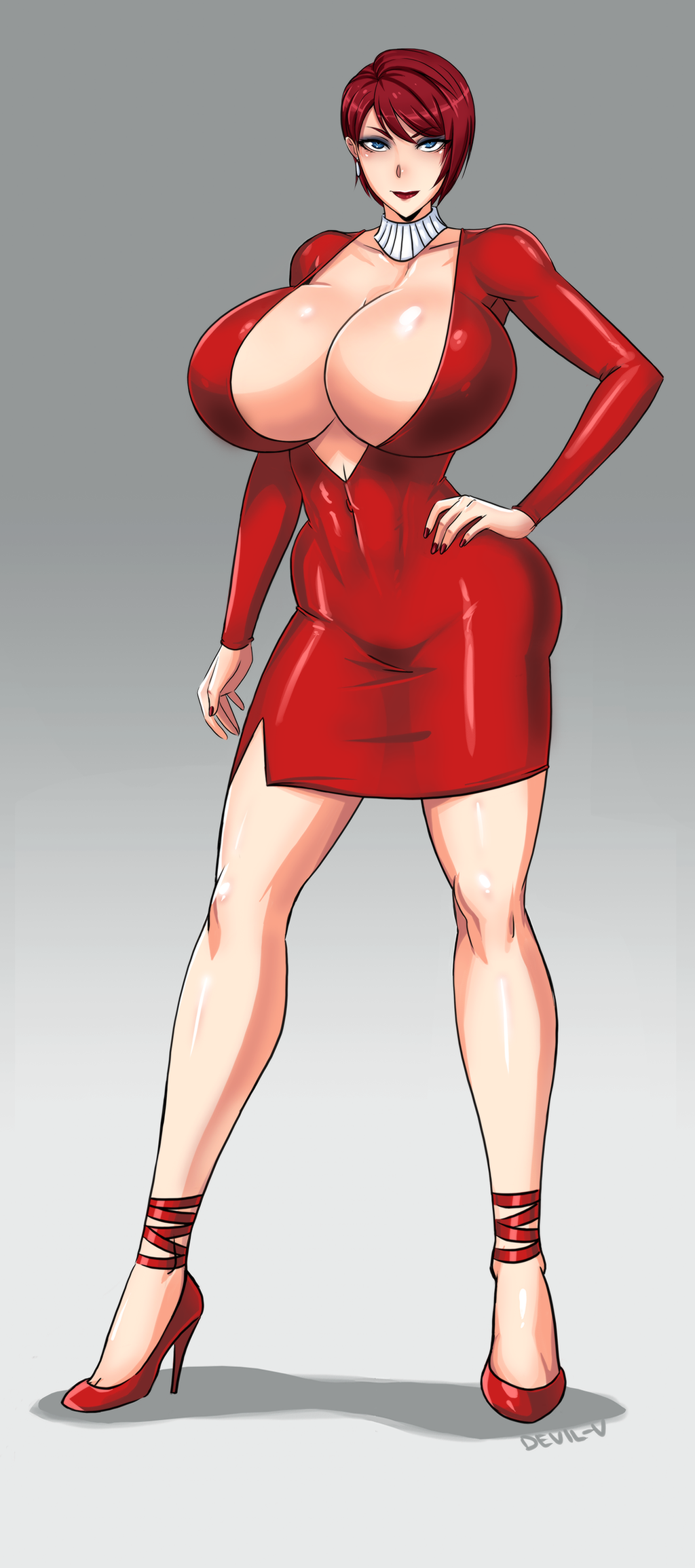 blue_eyes cleavage devil-v dress earrings high_heels huge_breasts long_legs red_hair red_lipstick simple_background tight_clothing voluptuous