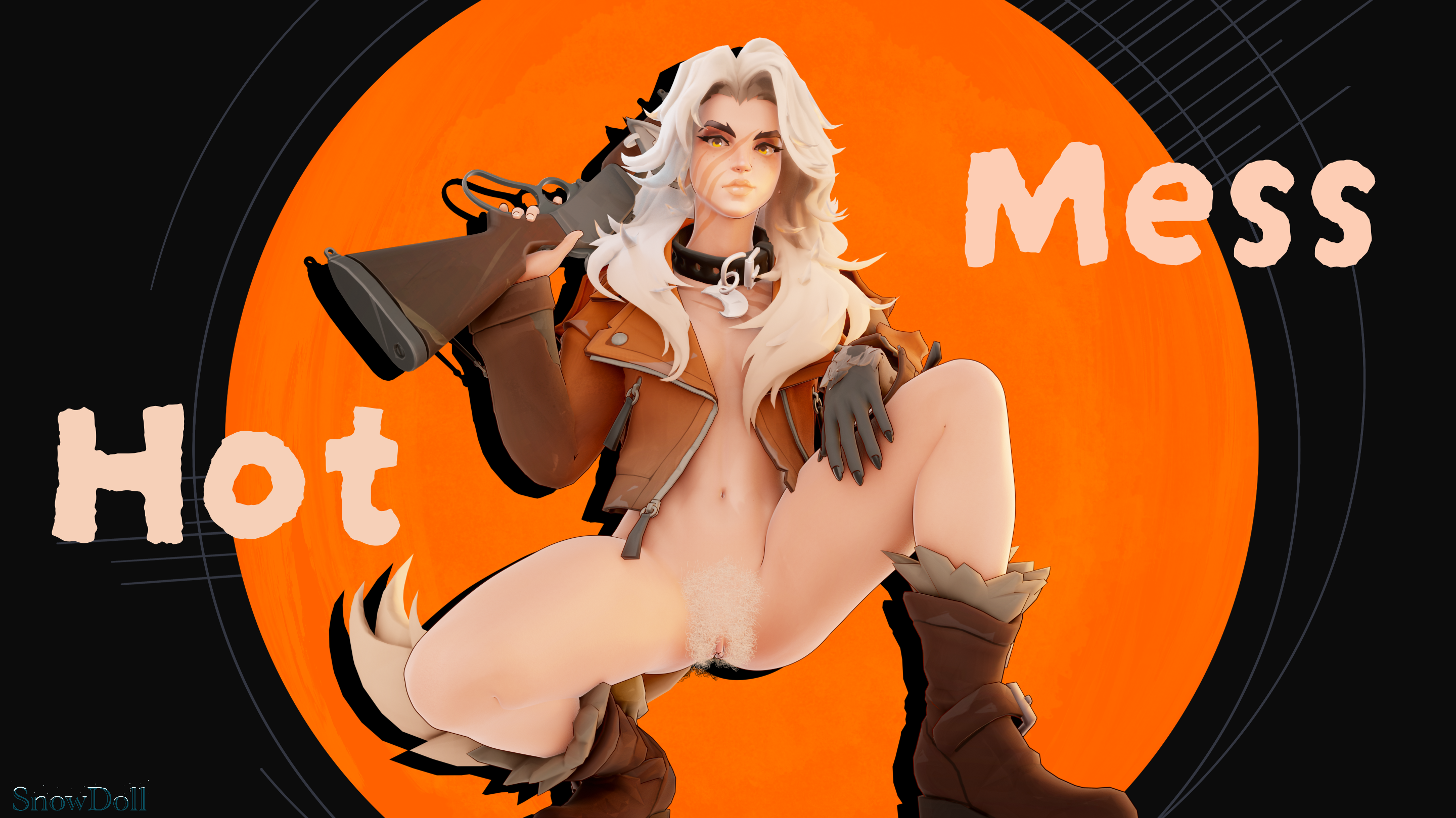 3d, 3d (artwork), ass, breasts, deadlock, grey hair, gun, hairy pussy, pose, posing, pubic hair, pussy, semi nude, silver (deadlock), snowdoll, text