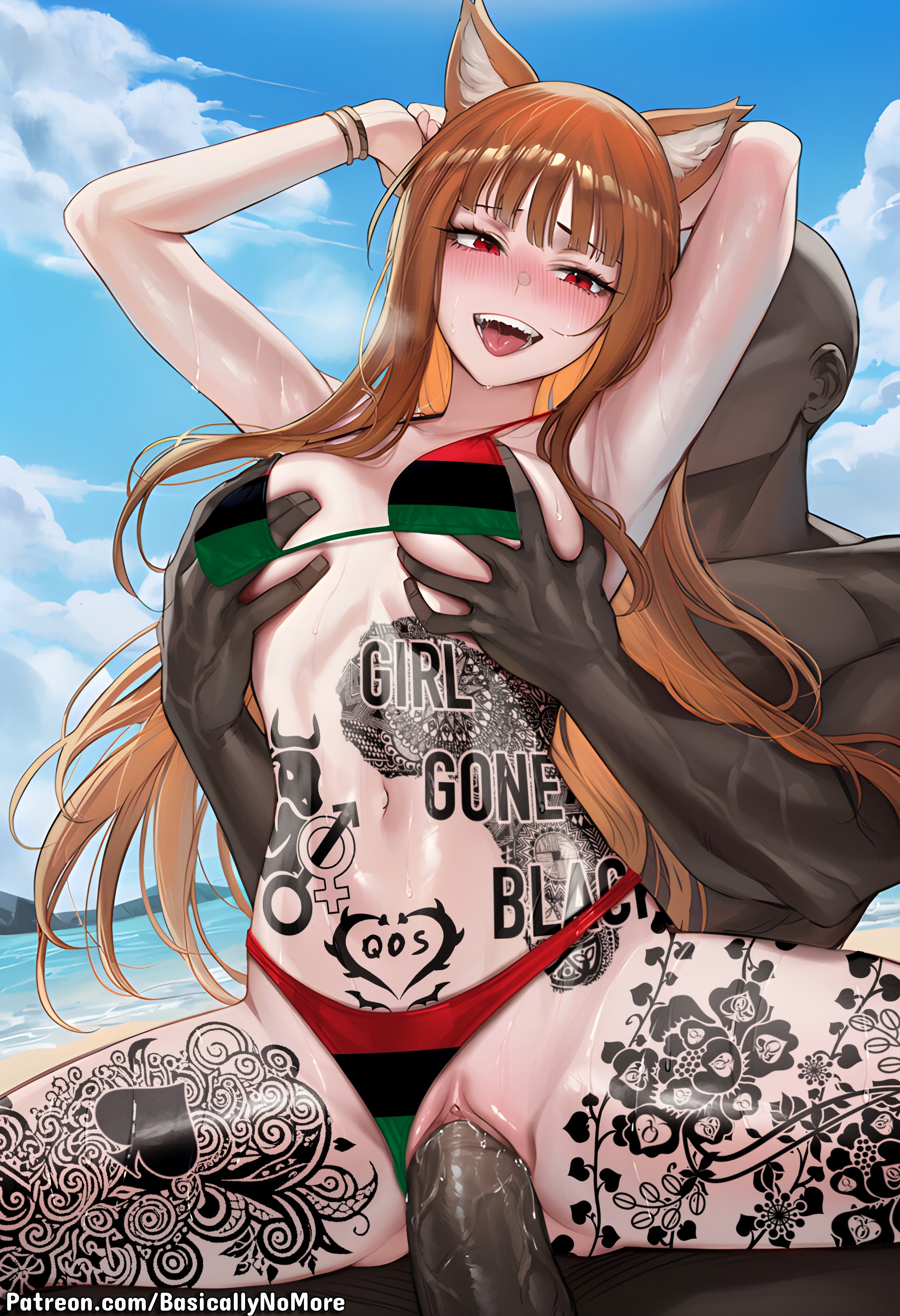 1boy, 1girls, 2d, ai generated, basicallynomore, big penis, bikini, blush, breast grab, breasts, brown hair, chest tattoo, dark-skinned male, fox, fox ears, fox girl, hands on breasts, holo, holo (spice and wolf), interracial, light-skinned female, long hair, pan-african flag, pan-african flag bikini, penis, pubic tattoo, qos, qos tattoo, queen of spades, red eyes, reverse cowgirl position, sex, spade, spade tattoo, spice and wolf, swimsuit, tattoo, thigh tattoo, thong, tongue, vaginal penetration, veiny penis, vine tattoo