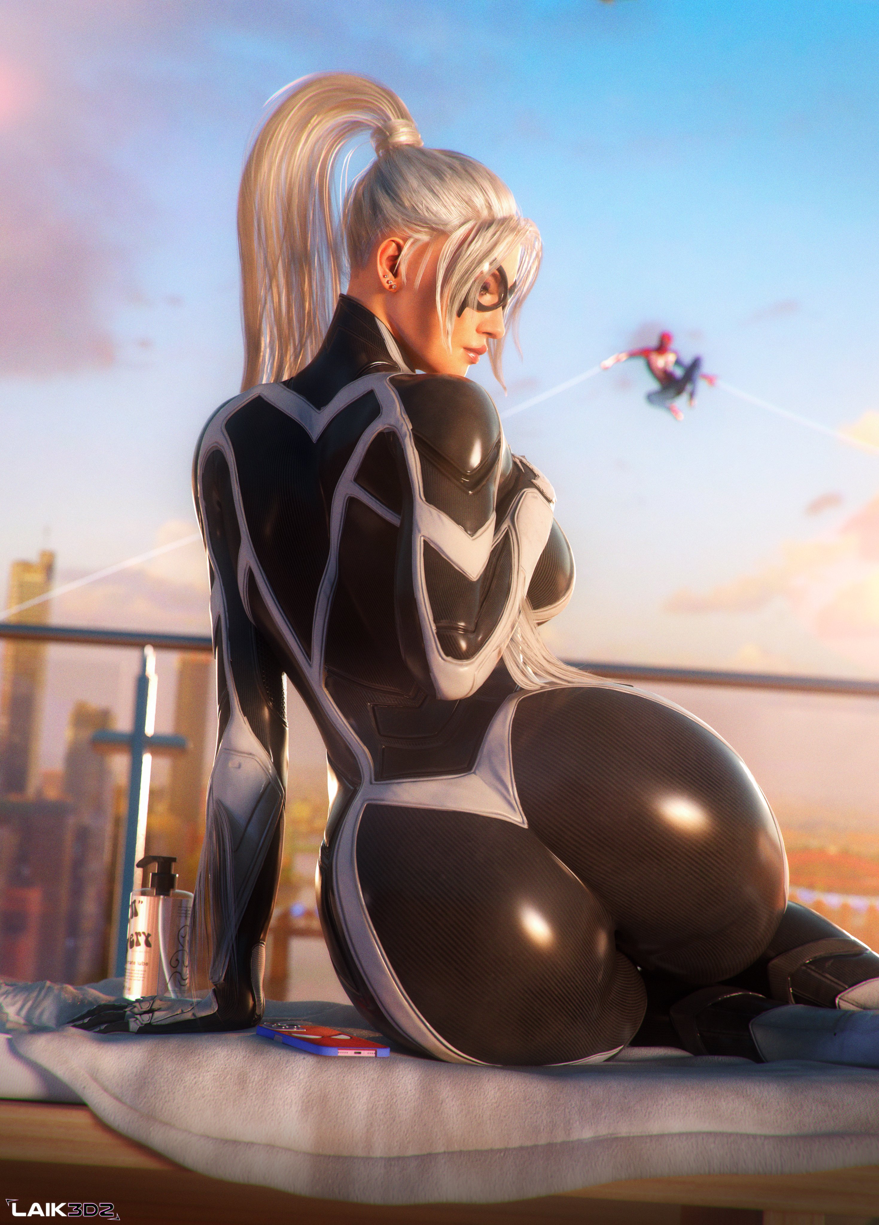 1boy, 1girls, 2025, 2026, 3d, 3d (artwork), alternate version available, ass, ass focus, balcony, big ass, big breasts, black cat (insomniac), black cat (marvel), bodysuit, breasts, busty, busty female, child bearing hips, city, city background, curvaceous, curvaceous body, curvaceous female, curvaceous figure, curvy, curvy body, curvy female, curvy figure, felicia hardy, female, female focus, hi res, high resolution, highres, hips, hips wider than shoulders, hourglass figure, huge ass, insomniac games, itslaiknsfw, laik3d, laiknsfw, large ass, large breasts, light skin, light-skinned female, lube, lube bottle, male, marvel, marvel comics, mask, masked, masked female, masked male, massive ass, oil, oiled, oiled ass, oiled body, oiled breasts, oiled skin, peter parker, phone, ponytail, rooftop, scenery, seductive, seductive look, shiny, shiny ass, shiny breasts, shiny clothes, shiny skin, sitting, skin tight, spider-man, spider-man (insomniac series), spider-man (insomniac), spider-man (ps4), spider-man (ps5), spider-man (series), sunbathing, sunny, superhero, superheroine, thick, thick ass, thick breasts, thick hips, thick thighs, thighs, tight clothes, tight clothing, voluptuous, voluptuous female, waist, white hair, wide hips
