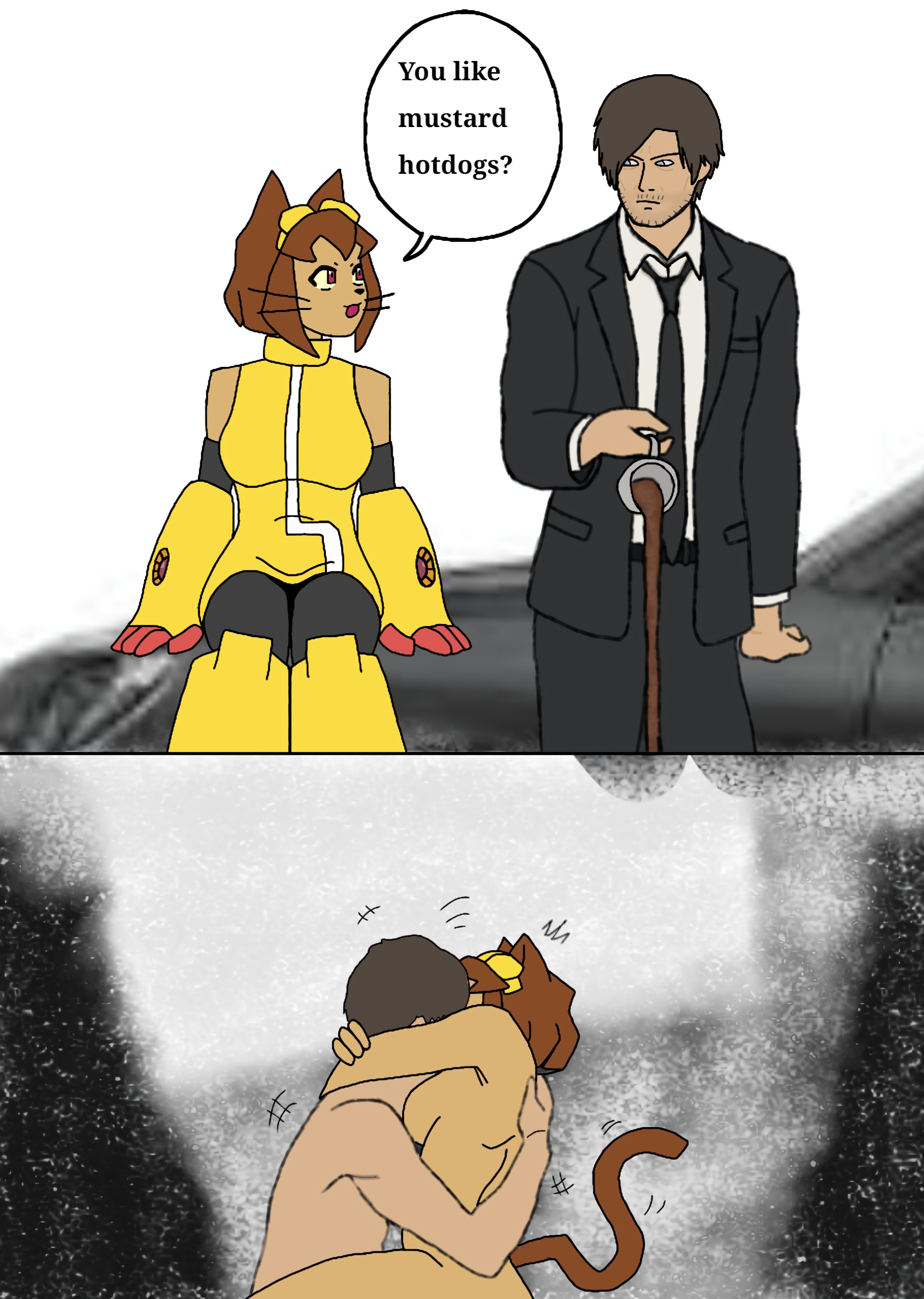 1female, 1male, 1male1female, 2d, 2d (artwork), 2d artwork, action lines, anal, anal penetration, anal sex, are you a virgin? (meme), arm around neck, ass, capcom, car, cat ears, cat girl, cat hero, cat tail, catgirl, coffee, coffee mug, crack pairing, crackship, crossover, dialogue, gameoverse, glitch productions, goggles, goggles on head, hairy pussy, holding, ibispaint (artwork), ibispaintx, implied penetration, implied sex, kissing, kit (gameoverse), kit bodega, leon s. kennedy, leon scott kennedy, meme, motion lines, muscular, muscular male, nerdy female, porsche, redraw, resident evil, resident evil 9: requiem, self upload, straight, suit, suit and tie, suit jacket, superhero, tagme, tail, tokyo ghoul, wokelander