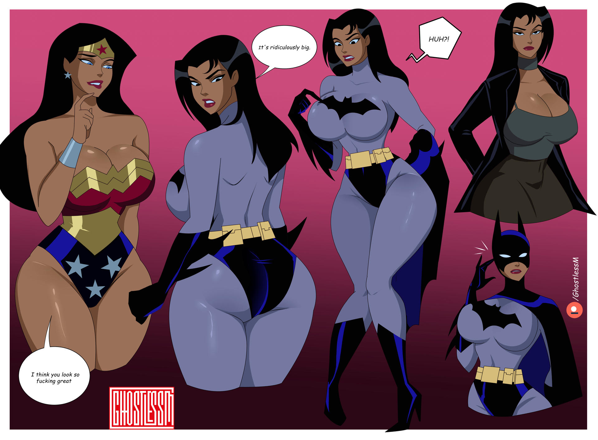 2girls, accurate art style, batman, big ass, big breasts, bruce wayne, cleavage, cowl, dc comics, dcau, dialogue, diana prince, duo, female, female only, ghostlessm, justice league, long hair, rule 63, superheroine, text, thick thighs, wide hips, wonder woman