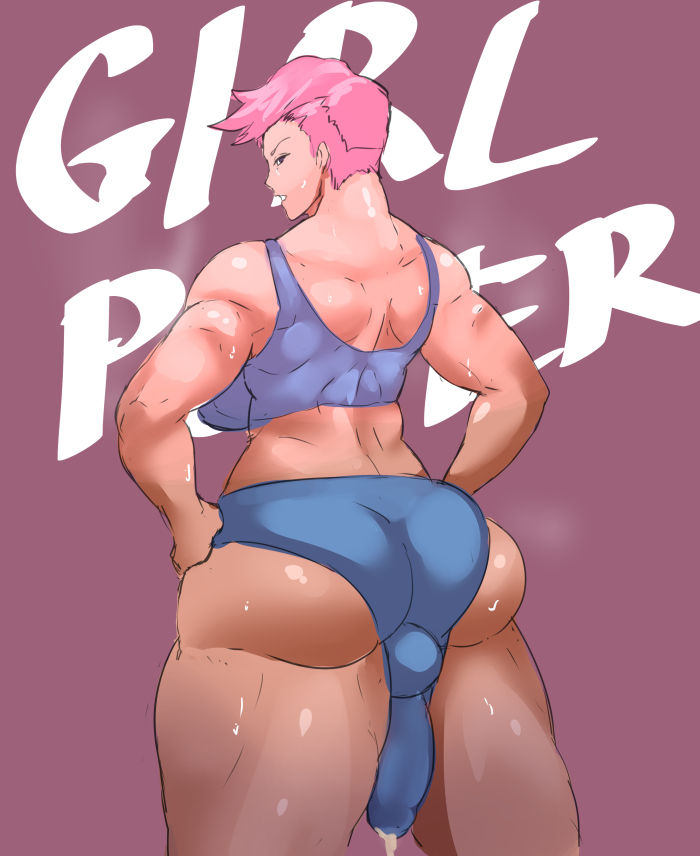1futa, 2d, ass, balls, big ass, big balls, big penis, blizzard entertainment, bulge, donaught, futa only, futanari, hands on hips, intersex, looking at viewer, looking back, looking over shoulder, muscles, muscular, muscular futa, overwatch, penis, pink hair, precum, precum through clothing, shiny skin, short hair, solo, sports bra, sportswear, sweat, thick thighs, thunder thighs, zarya
