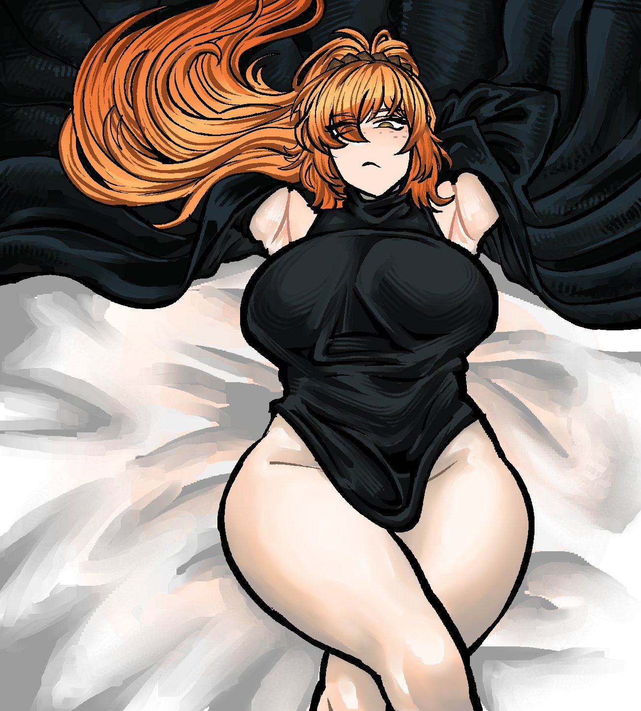 1girl, 1girls, 2d, 2d (artwork), armpits, arms behind head, bed, bedroom, big breasts, big hips, big thighs, boobs, breasts, cloak, color, colored, covered crotch, crossed legs, crotch covered, curvaceous, curvaceous body, curvaceous female, curvaceous figure, curvy, curvy body, curvy female, curvy figure, curvy hips, eclipseecliptus, female, female focus, female only, freckles, freckles on face, hair, hair ornament, hazel eyes, high resolution, highres, hips, ishmael (limbus company), laying down, laying on back, laying on bed, legs, legs crossed, light skin, light-skinned female, limbus company, long hair, looking at viewer, naked legs, naked thighs, nearly nude, on bed, orange hair, project moon, sexy, sexy armpits, sexy body, sexy clothing, sexy female, sexy pose, sexy woman, sheets, solo, solo female, solo focus, thicc, thicc thighs, thick, thick hips, thick thighs, thighs, thin waist, tight clothes, tight clothing, tight fit, voluptuous, voluptuous body, voluptuous female