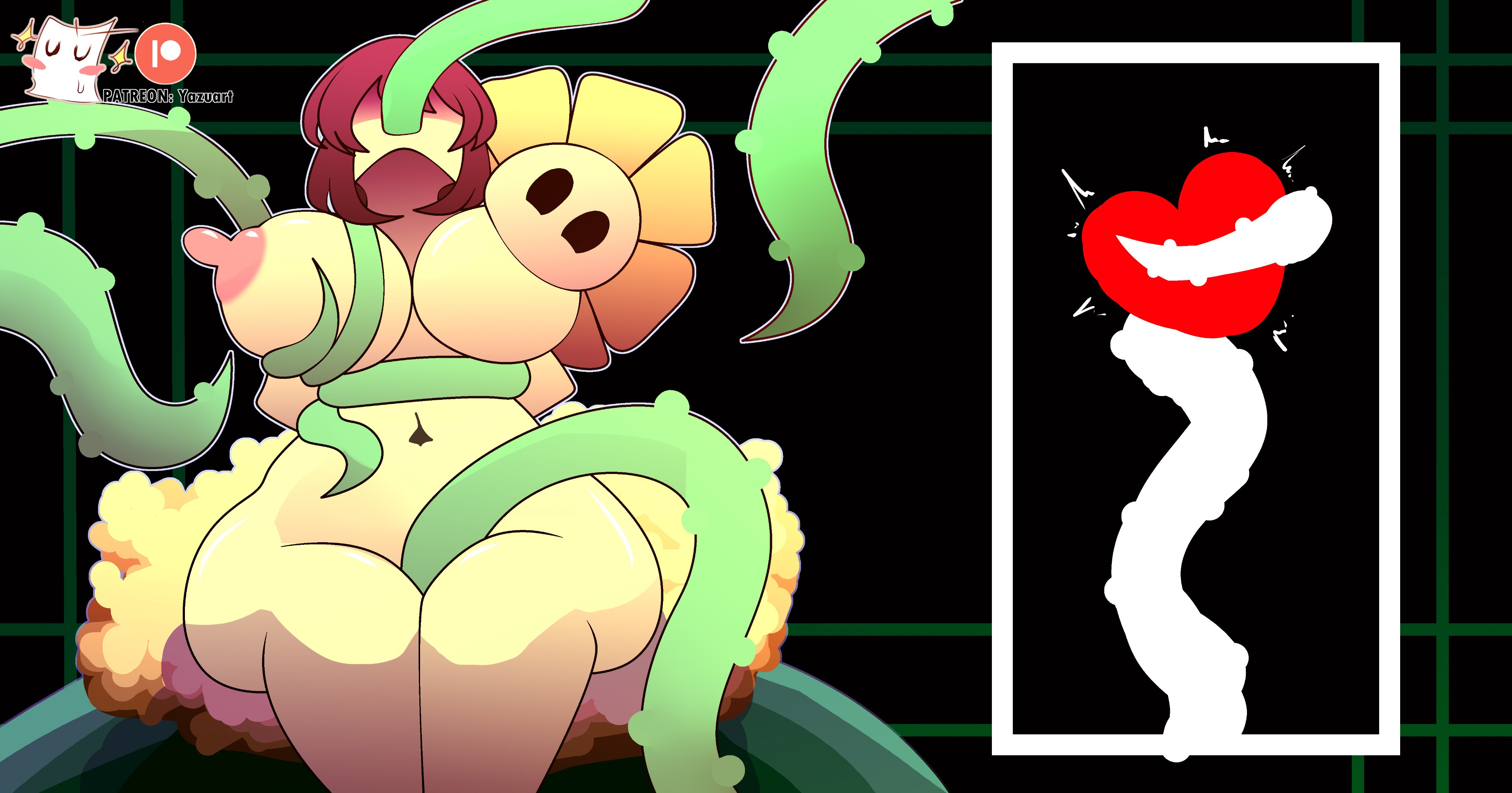 1boy, 1girls, big breasts, big thighs, brown hair, flower, flowey the flower, frisk, groping, groping breasts, nipple suck, nipple sucking, short hair, soul (undertale), tagme, tentacle, tentacle sex, undertale, vines, yazu (artist), yellow body