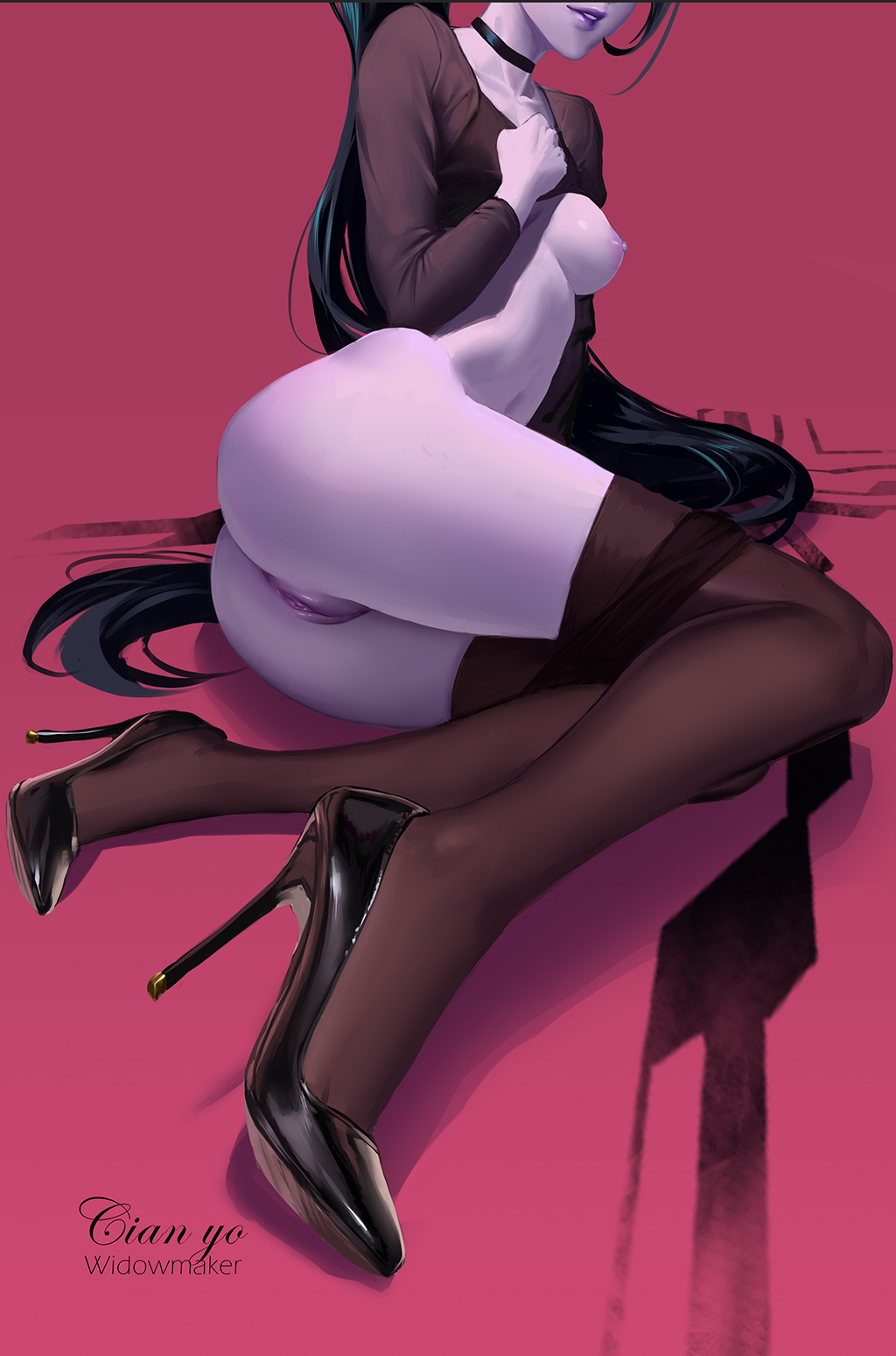 areolae, ass, breasts, cianyo, female, female only, high heels, nipples, overwatch, pussy, solo, thighhighs, widowmaker