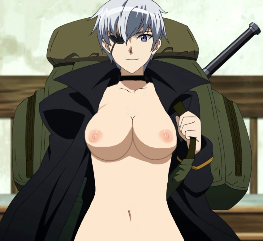 1girls, accurate art style, akame ga kill!, bag, breasts, choker, collarbone, edit, eye patch, female, female only, large breasts, looking at viewer, mechanical arm, najenda (akame ga kill!), nekomate14 edited, nude filter, pointy chin, purple eyes, screenshot, screenshot edit, short hair, silver hair, smile, solo, weapon