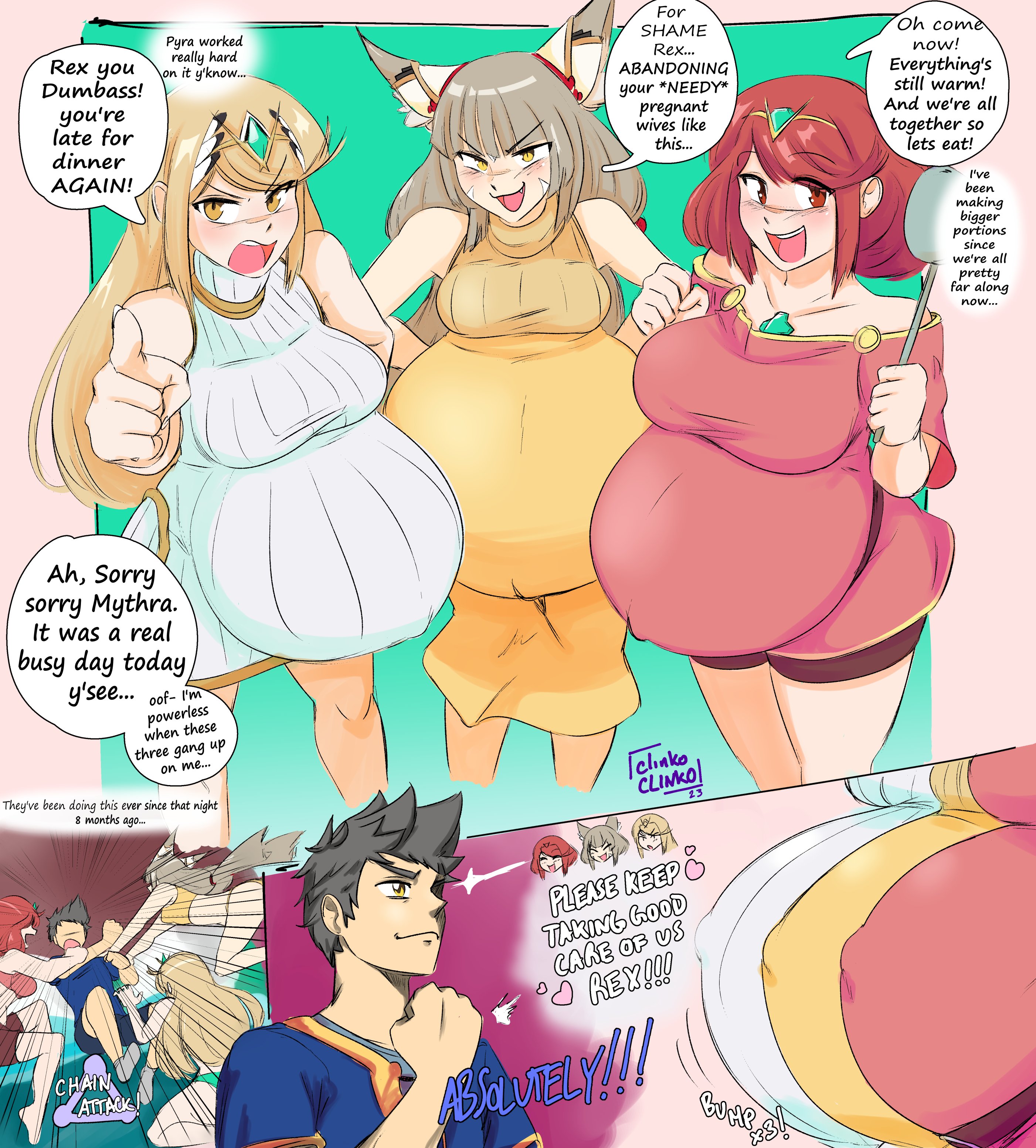 1boy, 3girls, 3girls1boy, 3pregnancy, attacked, belly, big belly, blonde hair, breasts, canon, canon couple, canon pregnancy, cat, cat ears, catgirl, chubby, chubby female, clinkoclinko, english text, female, heart, husband and wives, imminent sex, large breasts, mythra, mythra (xenoblade), nia, nia (xenoblade), pregnancy, pregnant, pregnant female, pyra, red eyes, red hair, rex (xenoblade), text, xenoblade (series), xenoblade chronicles 2, xenoblade chronicles 3, yellow eyes
