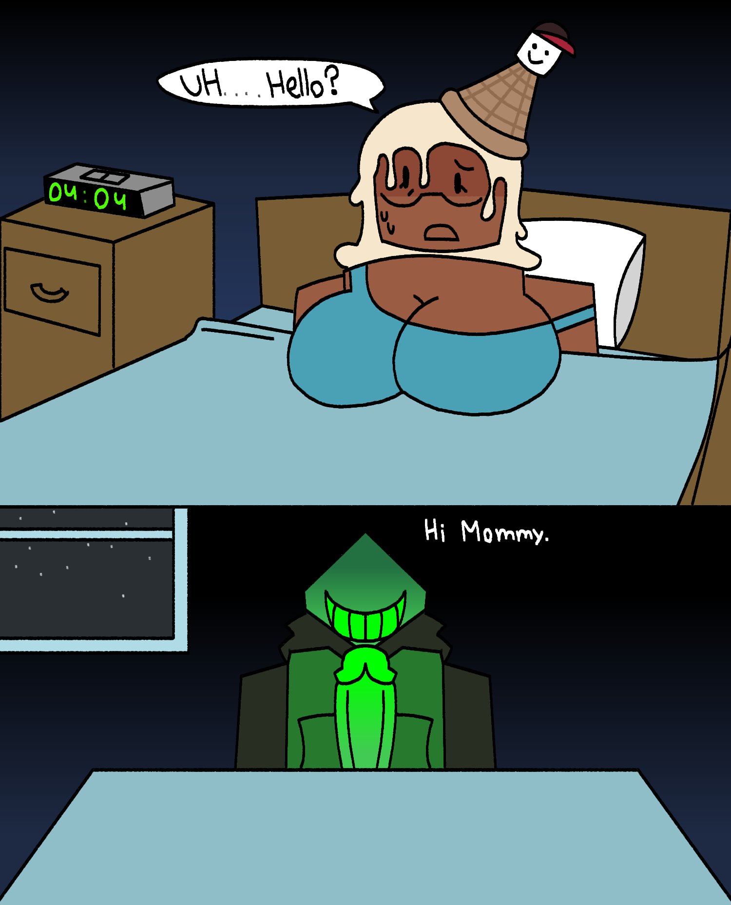 118o8, 1boy, 1boy1girl, 1girl, 2d, 2d (artwork), 2d artwork, artist logo, artist name, artist signature, bed, bed sheet, bedroom, bedroom background, bedroom setting, big breasts, big penis, blocky body, boobs, bra, breasts, cock, dark skin, dark-skinned female, dialogue, dick, english text, ferman, ferman (robloxian), forsaken (roblox), glasses, green penis, green skin, grey body, grin, grinning at viewer, horny, impending sex, melting, nervous, nervous sweat, penis, pillow, roblox, roblox game, robloxian, sweat, sweatdrop, sweating, tank top, text, window, worried, worried expression
