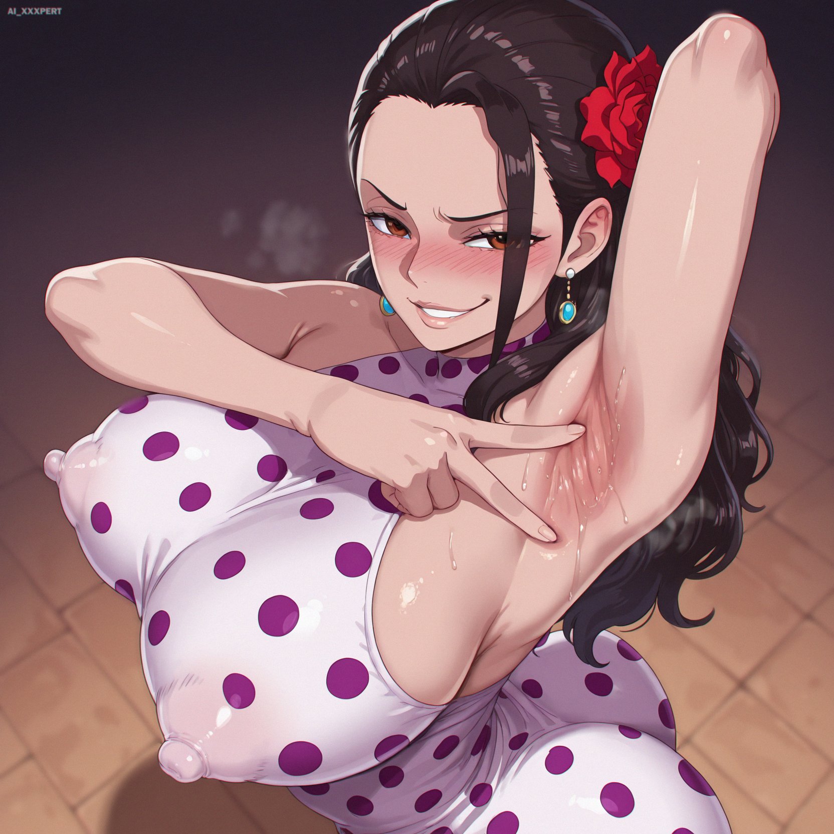1girls, 2026, ai generated, ai xxxpert, areola bulge, areolae, areolae visible through clothing, arm behind head, arm up, armpit pose, armpits, big ass, big breasts, blushing, brown hair, brown-haired female, bubble butt, child bearing hips, dat ass, dress, dumptruck ass, earrings, fat ass, female, female only, hair ornament, horny, horny female, huge ass, huge breasts, hyper breasts, imminent sex, looking at viewer, looking pleasured, looking up, milf, mommy, musk, musk clouds, nipple bulge, nipples, nipples visible through clothing, one piece, orange eyes, posing, posing for the viewer, see-through, see-through clothing, sideboob, sweat, sweatdrop, sweating, sweaty, thick thighs, thunder thighs, tight clothing, tight dress, viola (one piece)